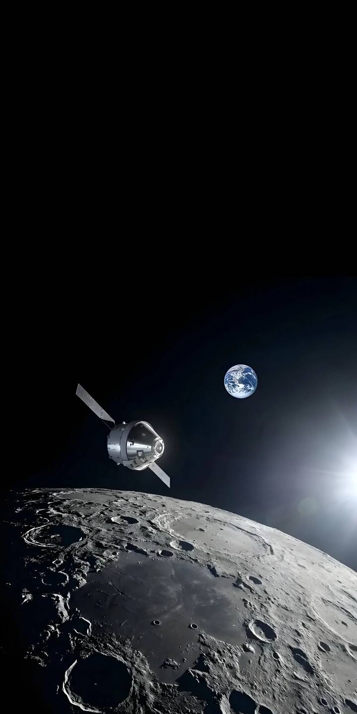 Experience the awe-inspiring view of the Orion spacecraft orbiting the heavily cratered moon with Earth visible in the distance, perfectly captured in this stunning 4K wallpaper. This captivating space wallpaper is ideal for your iPhone, showcasing intricate lunar details and our distant blue planet. | moon space earth universe spacecraft iphone nasa mobile 4k wallpaper hd wallpaper cosmos orion Experience the awe-inspiring view of the Orion spacecraft orbiting the heavily cratered moon with Earth visible in the distance, perfectly captured in this stunning 4K wallpaper. This captivating space wallpaper is ideal for your iPhone, showcasing intricate lunar details and our distant blue planet.