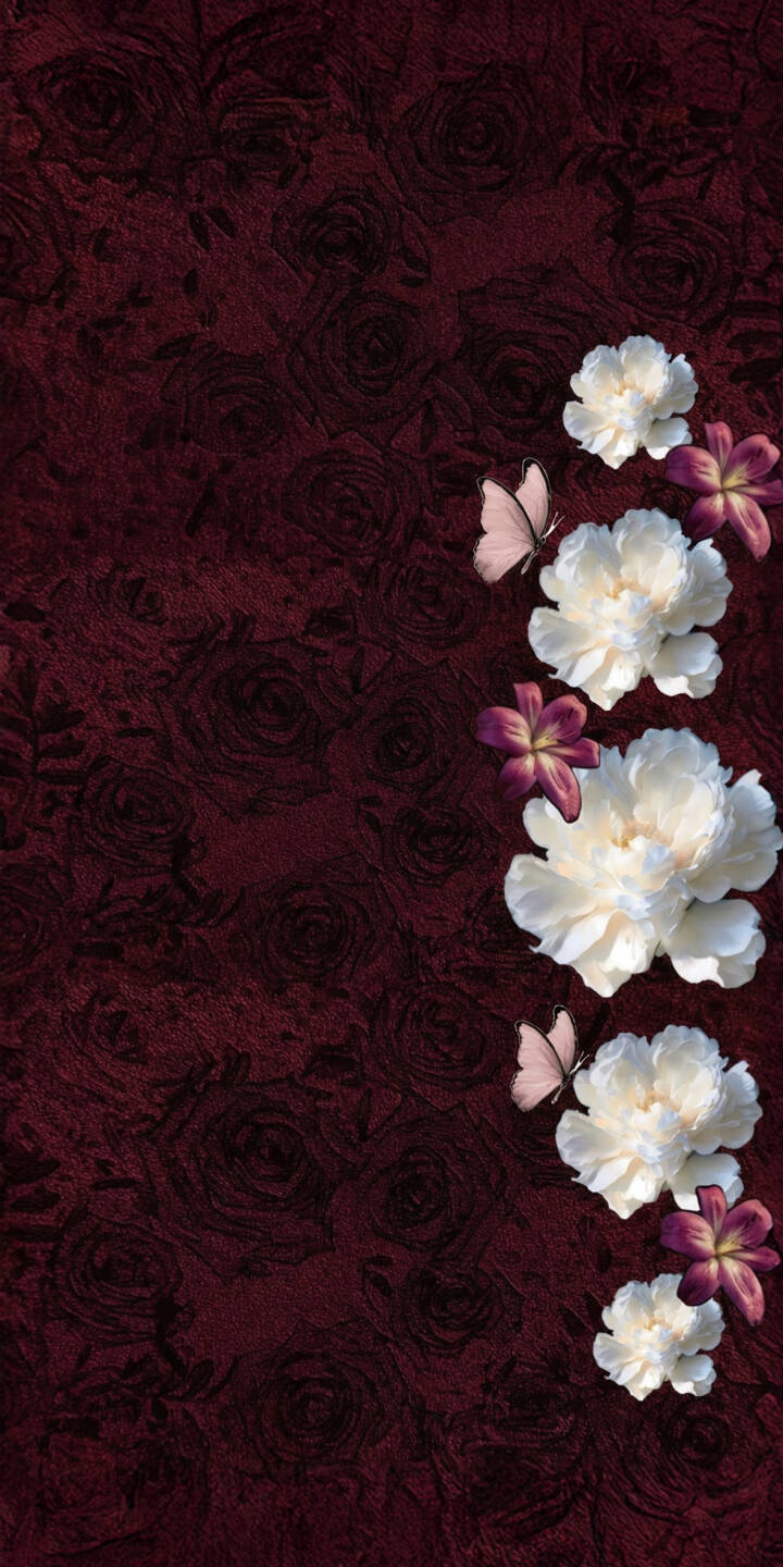 Enhance your iPhone screen with this stunning Burgundy Floral Butterfly 4K wallpaper, featuring vibrant white peonies, delicate purple accent flowers, and elegant light pink butterflies against a rich, textured dark red background. This exquisite wallpaper creates a sophisticated and visually appealing aesthetic for your device. | flower iphone nature mobile butterfly elegant 4k wallpaper hd wallpaper red wallpaper dark floral peony burgundy floral Enhance your iPhone screen with this stunning Burgundy Floral Butterfly 4K wallpaper, featuring vibrant white peonies, delicate purple accent flowers, and elegant light pink butterflies against a rich, textured dark red background. This exquisite wallpaper creates a sophisticated and visually appealing aesthetic for your device.
