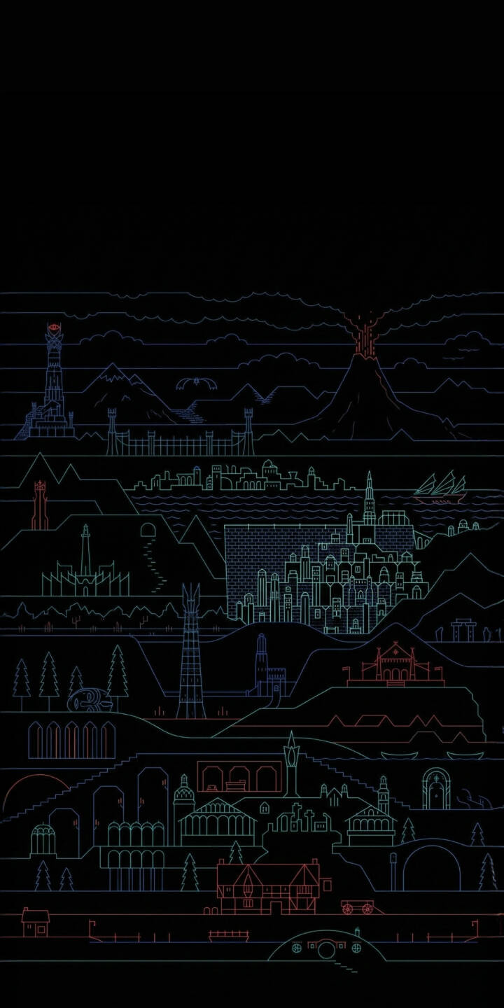 Immerse yourself in the iconic landscapes of Middle-earth with this stunning 4K wallpaper, featuring minimalist line art of locations like Mount Doom, Minas Tirith, and Hobbiton on a dark background, perfect as an iPhone wallpaper. | iphone minimalist mobile 4k wallpaper hd wallpaper line art lord of the rings middle earth lotr mount doom minas tirith hobbiton Immerse yourself in the iconic landscapes of Middle-earth with this stunning 4K wallpaper, featuring minimalist line art of locations like Mount Doom, Minas Tirith, and Hobbiton on a dark background, perfect as an iPhone wallpaper.