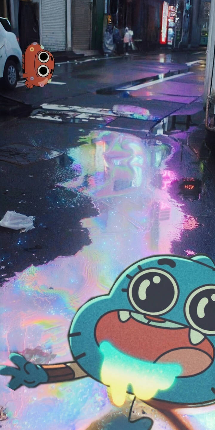 Immerse your iPhone in vibrant colors with this stunning 4K wallpaper featuring Gumball Watterson and Pochita. This unique wallpaper captures Gumball with glowing drool and Pochita floating above a wet city street, reflecting dazzling rainbow-like hues from neon lights. | cartoon aesthetic anime gumball iphone mobile gumball watterson amazing world of gumball 4k wallpaper hd wallpaper pochita chainsaw man Immerse your iPhone in vibrant colors with this stunning 4K wallpaper featuring Gumball Watterson and Pochita. This unique wallpaper captures Gumball with glowing drool and Pochita floating above a wet city street, reflecting dazzling rainbow-like hues from neon lights.