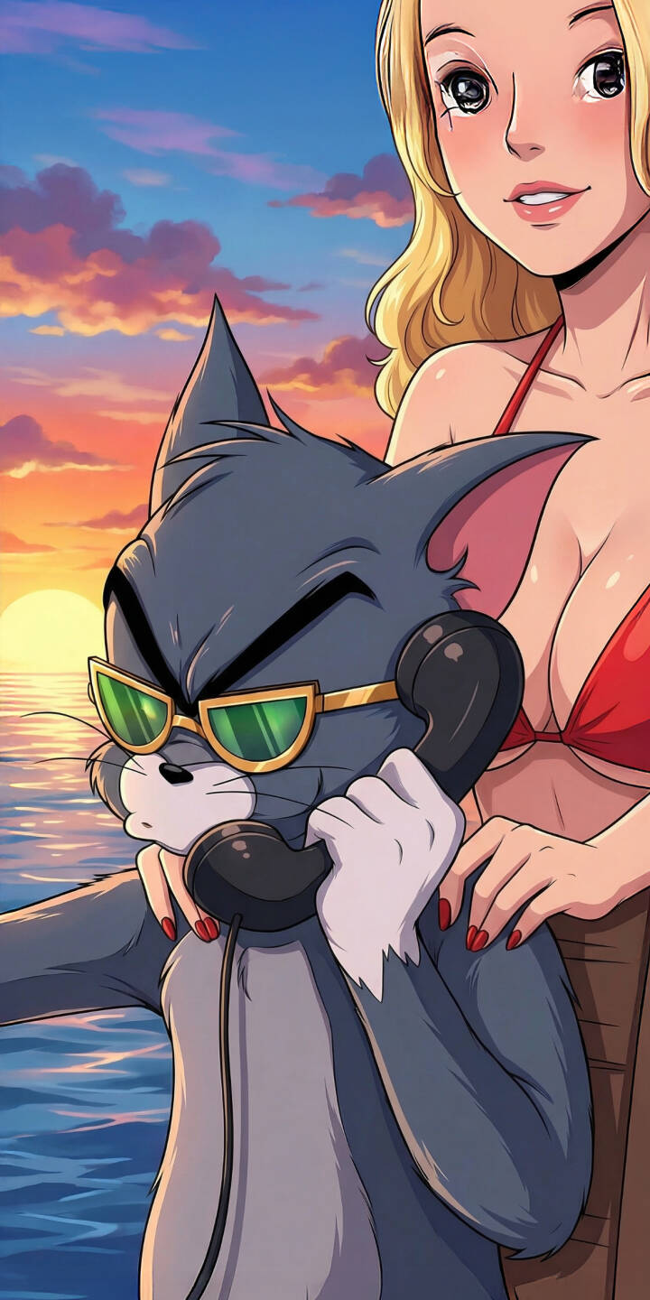 Elevate your iPhone with this vibrant 4K Tom and Blonde Girl wallpaper, showcasing Tom wearing stylish green sunglasses and holding a classic telephone receiver, with a blonde woman in a red bikini and a serene sunset over the ocean in the background. This high-resolution wallpaper is perfect for adding a touch of cool cartoon charm to your device. | sunset sunglasses iphone tom mobile bikini cartoon girl 4k wallpaper hd wallpaper tom cat blonde girl vintage phone Elevate your iPhone with this vibrant 4K Tom and Blonde Girl wallpaper, showcasing Tom wearing stylish green sunglasses and holding a classic telephone receiver, with a blonde woman in a red bikini and a serene sunset over the ocean in the background. This high-resolution wallpaper is perfect for adding a touch of cool cartoon charm to your device.