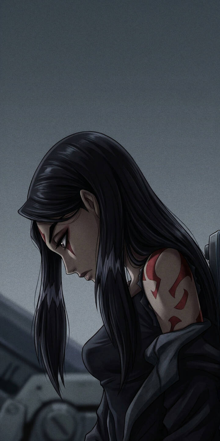 Enhance your iPhone screen with this striking 4K wallpaper featuring a pensive Anime Warrior Girl, showcasing her long black hair and distinctive red facial markings. This compelling wallpaper, highlighting her tribal arm tattoo and dark attire against a muted background, is perfect for fans seeking a unique and high-resolution background. | iphone anime girl mobile 4k wallpaper hd wallpaper black hair fantasy girl dark art pensive manga girl anime warrior girl red tattoo Enhance your iPhone screen with this striking 4K wallpaper featuring a pensive Anime Warrior Girl, showcasing her long black hair and distinctive red facial markings. This compelling wallpaper, highlighting her tribal arm tattoo and dark attire against a muted background, is perfect for fans seeking a unique and high-resolution background.