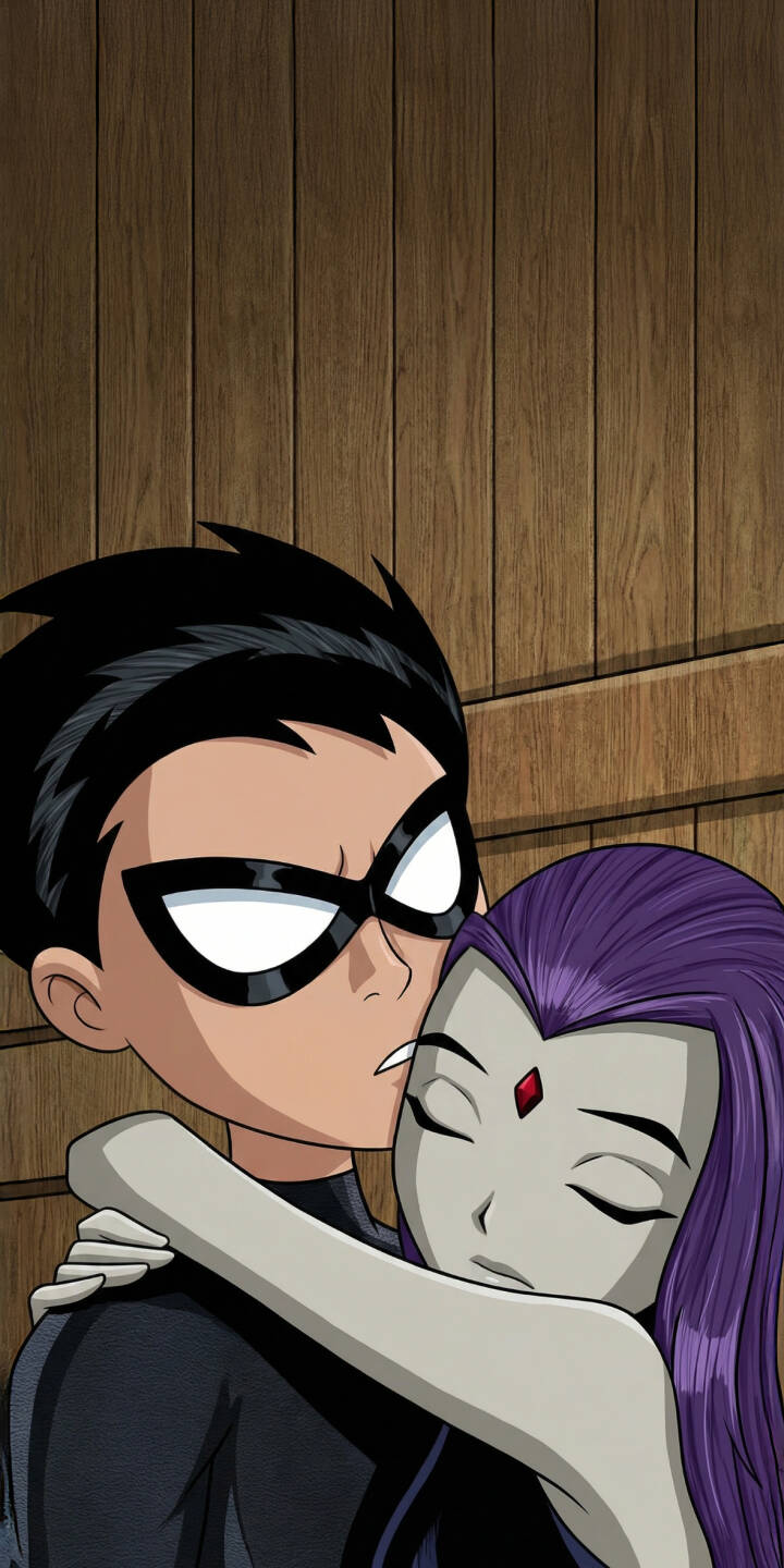 Immerse yourself in this stunning Teen Titans Robin and Raven 4K wallpaper, perfect for your iPhone. This captivating wallpaper features Robin with his arm around a serene Raven, whose eyes are gently closed against a warm wooden backdrop. | cartoon superhero iphone robin teen titans mobile 4k wallpaper hd wallpaper dc comics dick grayson raven rachel roth Immerse yourself in this stunning Teen Titans Robin and Raven 4K wallpaper, perfect for your iPhone. This captivating wallpaper features Robin with his arm around a serene Raven, whose eyes are gently closed against a warm wooden backdrop.