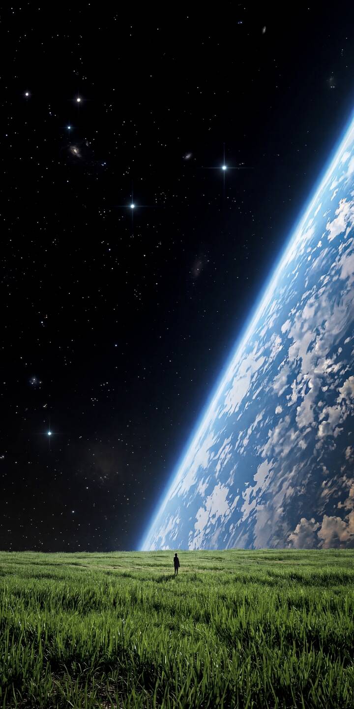 This stunning 4K wallpaper captures a lone figure standing in a vibrant green field, gazing at the beautiful curvature of Earth against a star-filled cosmos. Perfect for your iPhone, this captivating wallpaper showcases the planet's atmospheric glow and distant galaxies, creating an immersive cosmic experience. | iphone nature stars mobile solitude green field 4k wallpaper hd wallpaper cosmos lone figure earth from space space view This stunning 4K wallpaper captures a lone figure standing in a vibrant green field, gazing at the beautiful curvature of Earth against a star-filled cosmos. Perfect for your iPhone, this captivating wallpaper showcases the planet's atmospheric glow and distant galaxies, creating an immersive cosmic experience.