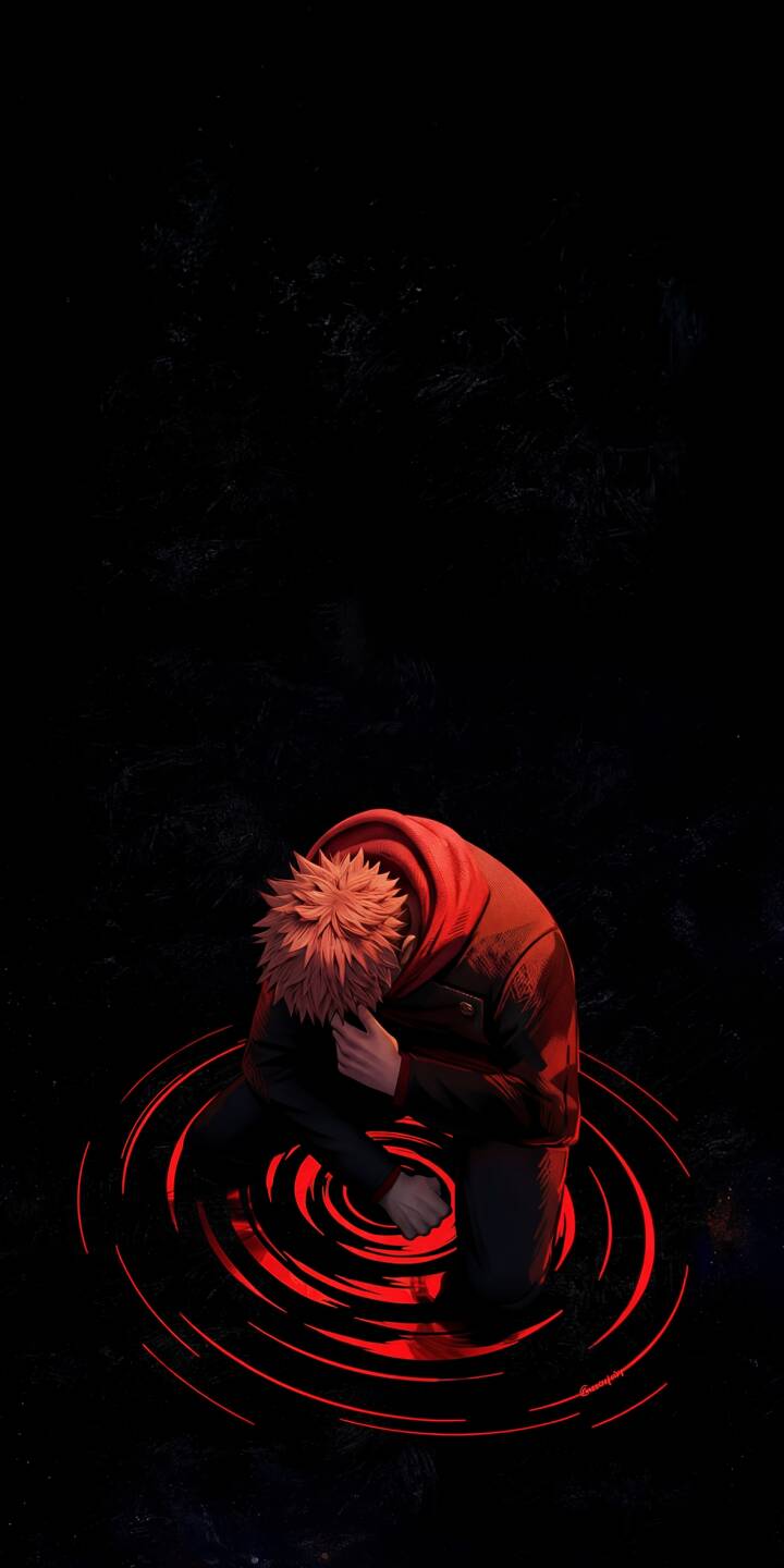 Immerse yourself in the intense world of Jujutsu Kaisen with this striking Yuji Itadori 4K wallpaper, featuring him in a red hoodie, kneeling in a pensive pose amidst glowing red concentric circles on a dark background. This captivating wallpaper is perfectly optimized to bring a dramatic and high-quality aesthetic to your iPhone screen. | iphone mobile 4k wallpaper hd wallpaper anime wallpaper red hoodie dark wallpaper aesthetic wallpaper itadori yuji jujutsu kaisen jjk yuji itadori Immerse yourself in the intense world of Jujutsu Kaisen with this striking Yuji Itadori 4K wallpaper, featuring him in a red hoodie, kneeling in a pensive pose amidst glowing red concentric circles on a dark background. This captivating wallpaper is perfectly optimized to bring a dramatic and high-quality aesthetic to your iPhone screen.
