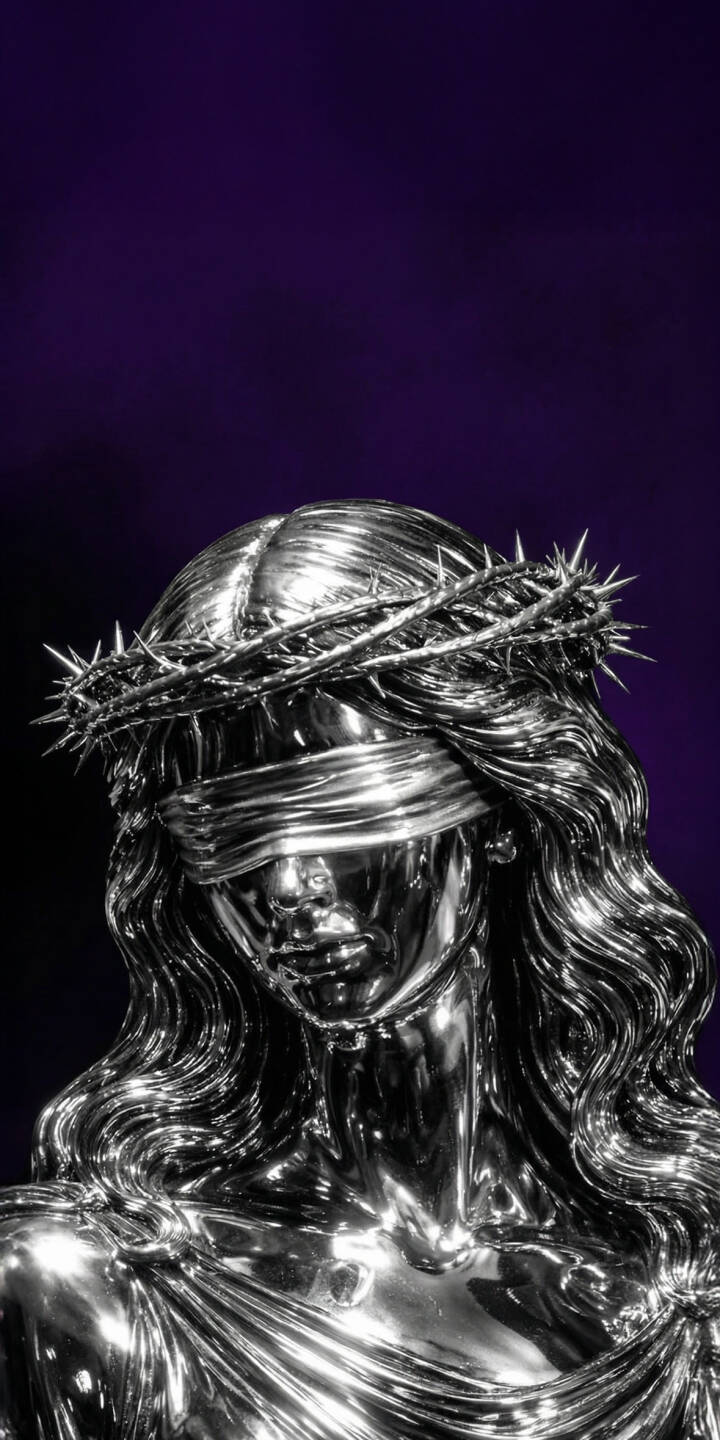 This stunning 4K wallpaper features a highly detailed metallic Lady Justice, complete with a reflective surface, a thorny crown, and a blindfold, making it an exceptional wallpaper for your iPhone. | iphone mobile 4k wallpaper hd wallpaper dark purple abstract art crown of thorns metallic art lady justice silver statue blindfolded statue justice symbol This stunning 4K wallpaper features a highly detailed metallic Lady Justice, complete with a reflective surface, a thorny crown, and a blindfold, making it an exceptional wallpaper for your iPhone.