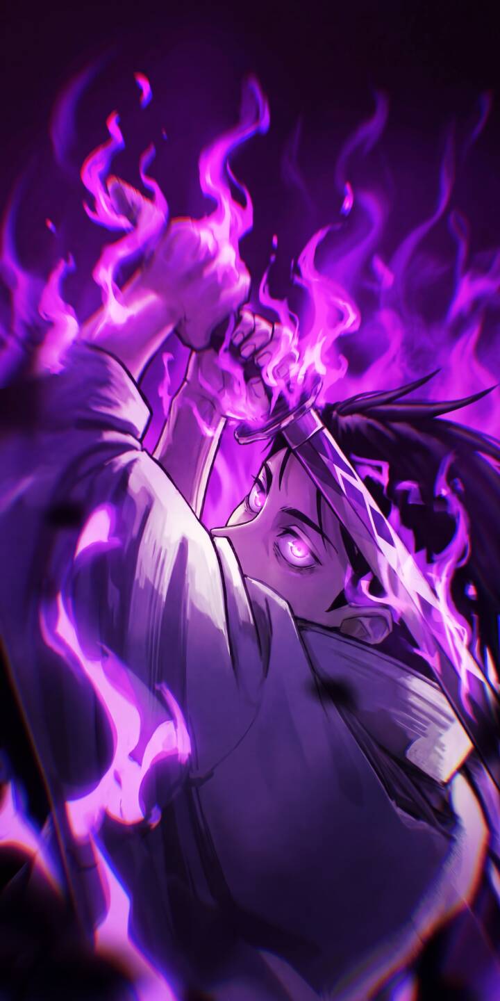 Immerse your iPhone screen with this striking 4K Purple Flame Swordsman wallpaper, showcasing the character's intense glowing purple eyes and a formidable sword amidst vibrant purple flames. This dynamic wallpaper captures a powerful anime aesthetic perfect for any fan. | samurai warrior iphone mobile 4k wallpaper hd wallpaper anime wallpaper glowing eyes fantasy wallpaper dark fantasy purple aesthetic purple flame swordsman Immerse your iPhone screen with this striking 4K Purple Flame Swordsman wallpaper, showcasing the character's intense glowing purple eyes and a formidable sword amidst vibrant purple flames. This dynamic wallpaper captures a powerful anime aesthetic perfect for any fan.