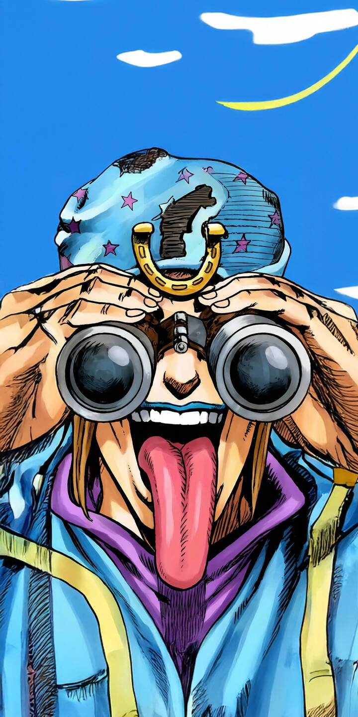 Enhance your iPhone with this vibrant Gyro Zeppeli 4K wallpaper, capturing his iconic pose with binoculars, tongue out, and his star-patterned hat. This dynamic wallpaper perfectly showcases the character, ready to bring a touch of Steel Ball Run adventure to your device. | anime manga iphone jojo mobile 4k wallpaper hd wallpaper binoculars gyro zeppeli jojo's bizarre adventure steel ball run wacky Enhance your iPhone with this vibrant Gyro Zeppeli 4K wallpaper, capturing his iconic pose with binoculars, tongue out, and his star-patterned hat. This dynamic wallpaper perfectly showcases the character, ready to bring a touch of Steel Ball Run adventure to your device.