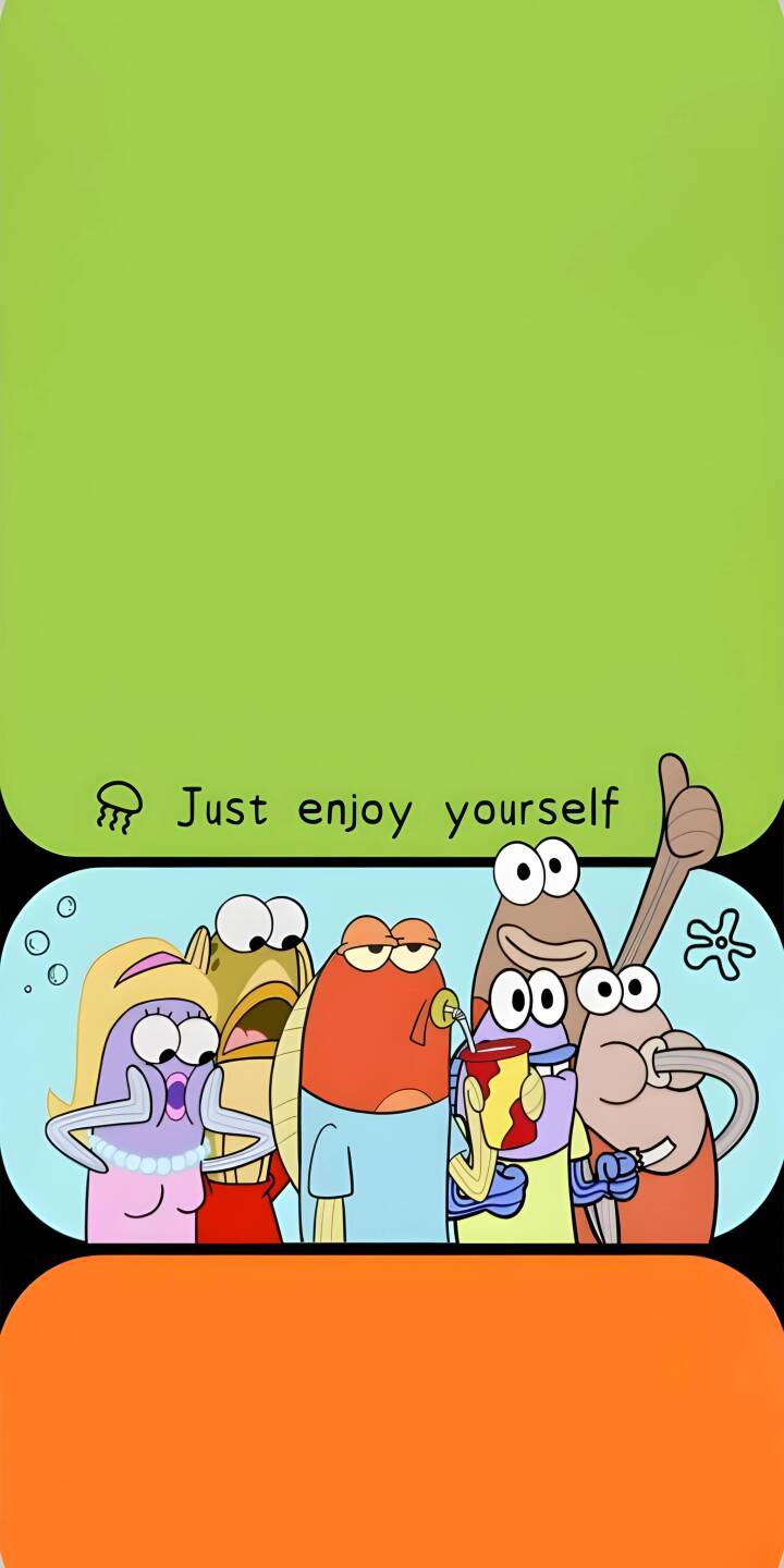 Transform your iPhone with this delightful 4K Spongebob Fish Characters wallpaper, showcasing a group of animated fish including one with a pearl necklace and another giving a thumbs-up, all under the cheerful mantra 'Just enjoy yourself'. This vibrant wallpaper is perfect for adding a touch of humor and charm to your mobile device. | cute colorful iphone mobile 4k wallpaper hd wallpaper jellyfish animated characters cartoon fish funny fish spongebob fish just enjoy yourself Transform your iPhone with this delightful 4K Spongebob Fish Characters wallpaper, showcasing a group of animated fish including one with a pearl necklace and another giving a thumbs-up, all under the cheerful mantra 'Just enjoy yourself'. This vibrant wallpaper is perfect for adding a touch of humor and charm to your mobile device.