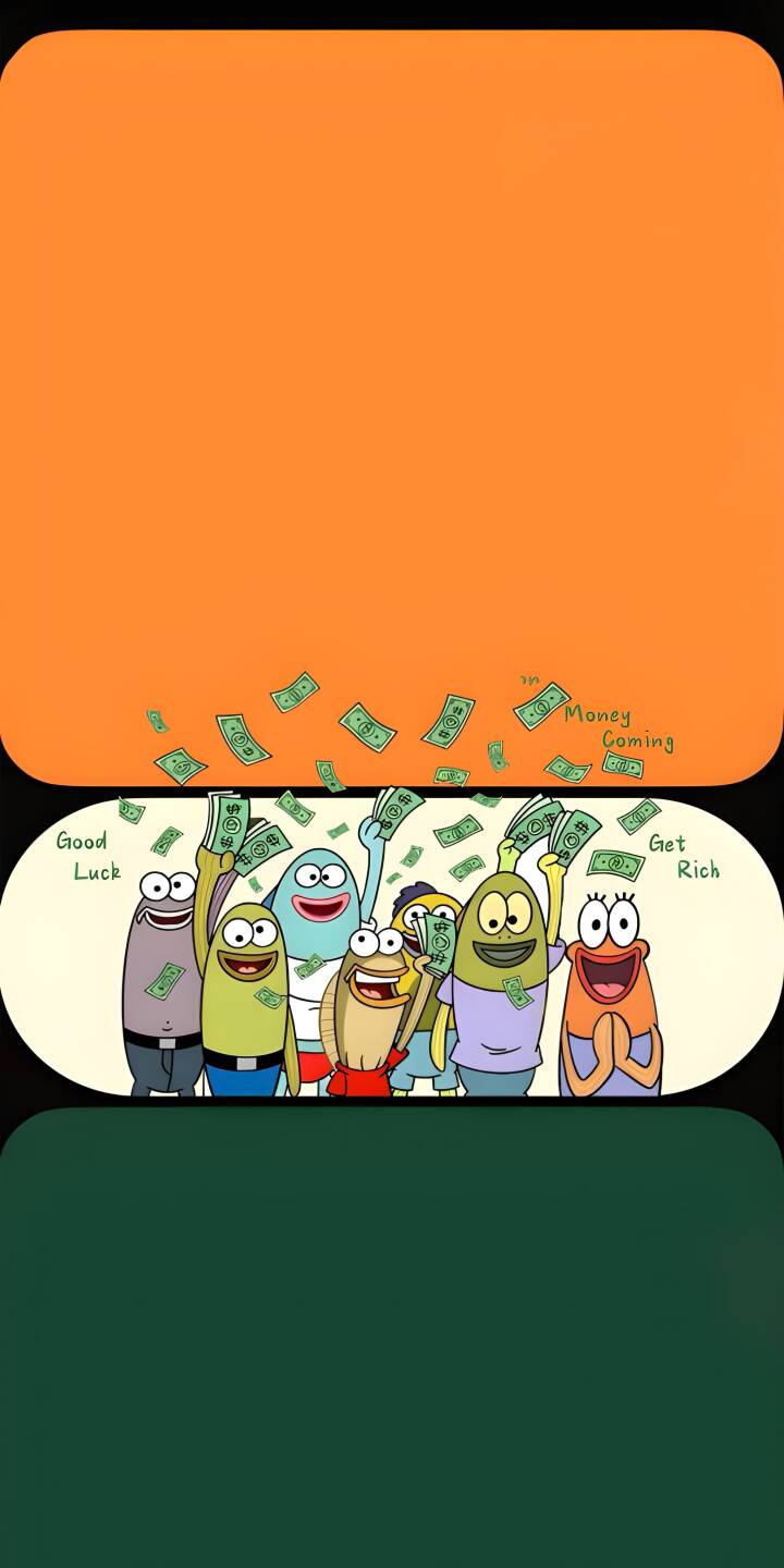 Elevate your device with this exciting Lucky Money Fish 4K wallpaper, designed to bring good fortune to your screen. This vibrant iPhone wallpaper showcases a joyful group of cartoon fish characters surrounded by falling dollar bills, featuring encouraging text like 'Money Coming' and 'Good Luck' against a dynamic orange and green design. | iphone mobile 4k wallpaper hd wallpaper funny cartoon good luck prosperity lucky money fish cartoon money money coming get rich financial success Elevate your device with this exciting Lucky Money Fish 4K wallpaper, designed to bring good fortune to your screen. This vibrant iPhone wallpaper showcases a joyful group of cartoon fish characters surrounded by falling dollar bills, featuring encouraging text like 'Money Coming' and 'Good Luck' against a dynamic orange and green design.