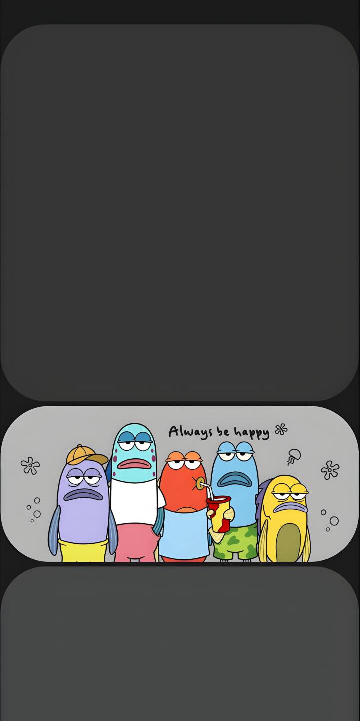 This unique 4K wallpaper features a line of five distinct cartoon fish, each with a visibly sad or unamused expression, humorously contrasted by the ironic text "Always be happy" floating above them. This vibrant and whimsical wallpaper is perfect for personalizing your iPhone, offering a touch of relatable charm to your device. | iphone mobile 4k wallpaper hd wallpaper cartoon wallpaper phone background funny wallpaper cute fish sad cartoon fish always be happy unhappy fish ironic art This unique 4K wallpaper features a line of five distinct cartoon fish, each with a visibly sad or unamused expression, humorously contrasted by the ironic text "Always be happy" floating above them. This vibrant and whimsical wallpaper is perfect for personalizing your iPhone, offering a touch of relatable charm to your device.
