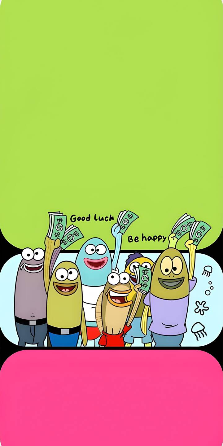 This vibrant Lucky Cartoon Fish Money 4K wallpaper brings good fortune and joy to your iPhone, featuring a cheerful group of fish happily holding stacks of cash with encouraging 'Good Luck' and 'Be happy' messages. Perfect for a positive vibe, this eye-catching wallpaper showcases playful jellyfishes and stars in the background, adding an extra touch of charm to your device. | iphone be happy mobile 4k wallpaper hd wallpaper good luck money wallpaper lucky fish cartoon fish animated fish cute fish happy wallpaper This vibrant Lucky Cartoon Fish Money 4K wallpaper brings good fortune and joy to your iPhone, featuring a cheerful group of fish happily holding stacks of cash with encouraging 'Good Luck' and 'Be happy' messages. Perfect for a positive vibe, this eye-catching wallpaper showcases playful jellyfishes and stars in the background, adding an extra touch of charm to your device.
