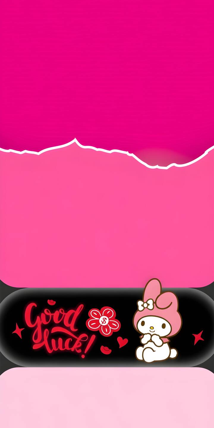 My Melody bows charmingly next to a 'Good Luck!' message and small hearts in this sweet 4K wallpaper, featuring vibrant pink layers with a torn paper effect. This delightful wallpaper is perfect for your iPhone. | pink aesthetic cute iphone wallpaper mobile kawaii 4k wallpaper hd wallpaper sanrio good luck my melody My Melody bows charmingly next to a 'Good Luck!' message and small hearts in this sweet 4K wallpaper, featuring vibrant pink layers with a torn paper effect. This delightful wallpaper is perfect for your iPhone.