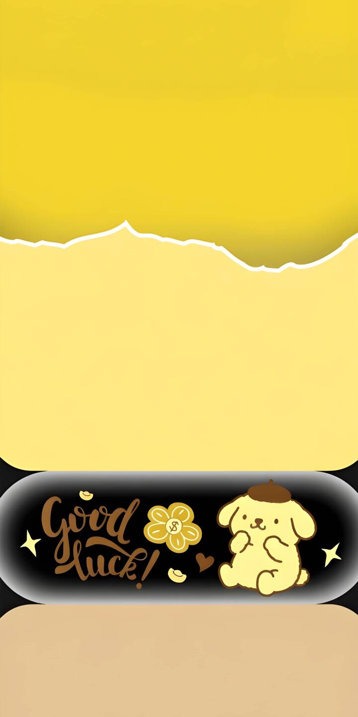 A cheerful Pompompurin sits sweetly on a black banner, accompanied by a 'Good luck!' message in gleaming gold and scattered stars, all set against a vibrant yellow backdrop with a stylish torn paper effect in this delightful 4K wallpaper. This charming wallpaper is an essential iPhone wallpaper for fans seeking a cute, lucky theme. | cartoon aesthetic yellow cute iphone wallpaper mobile 4k wallpaper hd wallpaper sanrio good luck pompompurin A cheerful Pompompurin sits sweetly on a black banner, accompanied by a 'Good luck!' message in gleaming gold and scattered stars, all set against a vibrant yellow backdrop with a stylish torn paper effect in this delightful 4K wallpaper. This charming wallpaper is an essential iPhone wallpaper for fans seeking a cute, lucky theme.