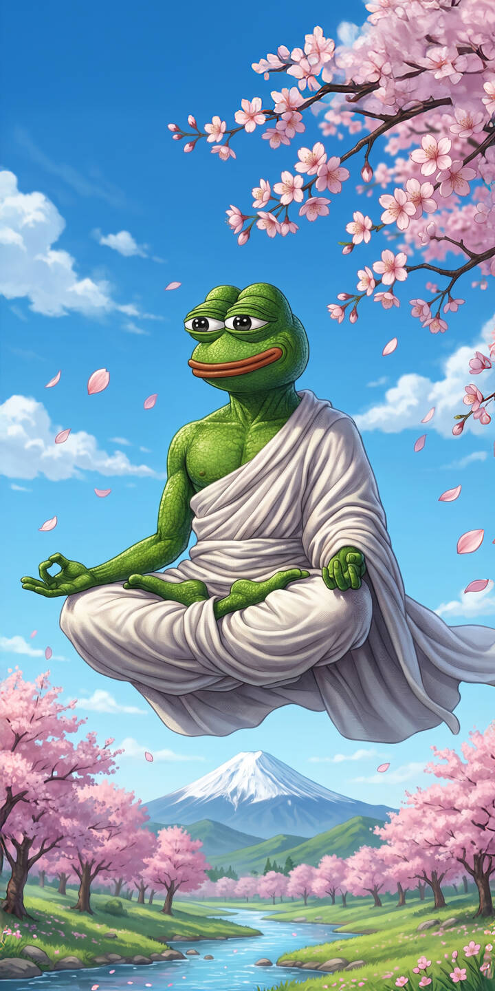 Floating serenely amidst falling cherry blossoms and a tranquil Mount Fuji backdrop, Pepe the Frog strikes a peaceful lotus pose in this captivating 4K wallpaper — a perfect meditation-themed wallpaper for iPhone. | cherry blossom iphone wallpaper meditation pepe mobile peaceful 4k wallpaper hd wallpaper pepe the frog zen mount fuji Floating serenely amidst falling cherry blossoms and a tranquil Mount Fuji backdrop, Pepe the Frog strikes a peaceful lotus pose in this captivating 4K wallpaper — a perfect meditation-themed wallpaper for iPhone.