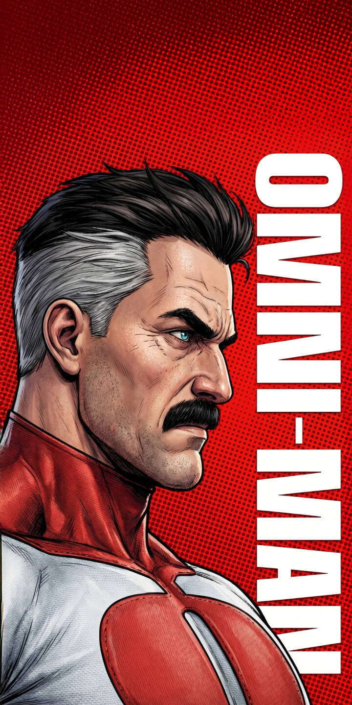 Omni-Man's piercing blue eyes glare with intensity, his iconic black mustache and stern expression prominent against a vibrant red halftone background in this striking 4K wallpaper for iPhone users, an essential comic-style wallpaper. | red superhero animated iphone wallpaper comic invincible mobile 4k wallpaper hd wallpaper omni-man nolan grayson Omni-Man's piercing blue eyes glare with intensity, his iconic black mustache and stern expression prominent against a vibrant red halftone background in this striking 4K wallpaper for iPhone users, an essential comic-style wallpaper.