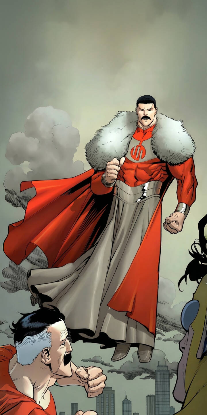Omni-Man's regal fur collar and flowing red cape command attention as he floats dominantly above a cityscape. This epic 4K wallpaper, featuring the iconic Viltrumite in a powerful stance, is a perfect mobile wallpaper for your iPhone. | superhero iphone villain wallpaper invincible mobile comic art 4k wallpaper hd wallpaper epic omni-man viltrumite Omni-Man's regal fur collar and flowing red cape command attention as he floats dominantly above a cityscape. This epic 4K wallpaper, featuring the iconic Viltrumite in a powerful stance, is a perfect mobile wallpaper for your iPhone.