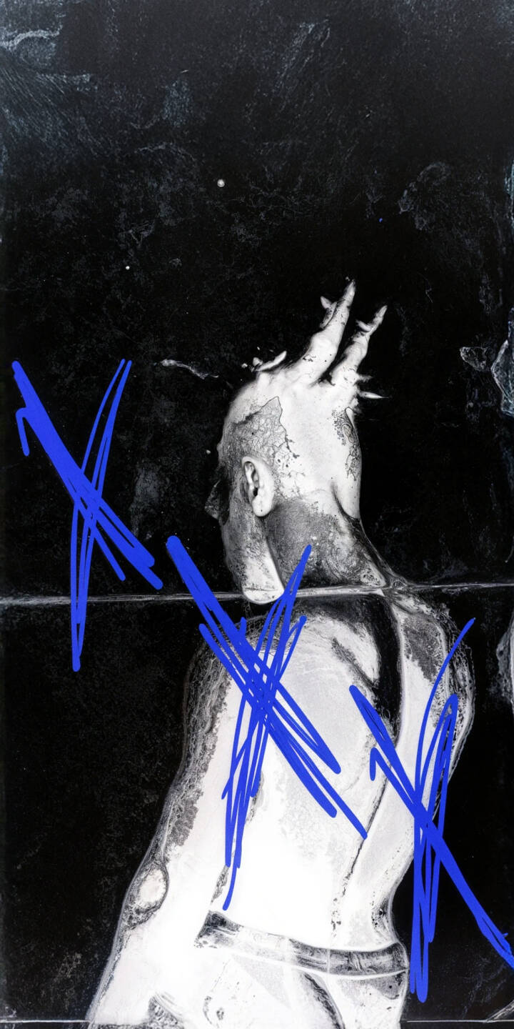 Vibrant blue scribbles boldly overlay a distorted, horned figure set against a dark, textured background in this striking high-contrast 4K wallpaper — an edgy mobile wallpaper perfect for your iPhone. | iphone wallpaper mobile 4k wallpaper hd wallpaper dark aesthetic surreal high contrast abstract art grunge horned figure blue scribbles Vibrant blue scribbles boldly overlay a distorted, horned figure set against a dark, textured background in this striking high-contrast 4K wallpaper — an edgy mobile wallpaper perfect for your iPhone.