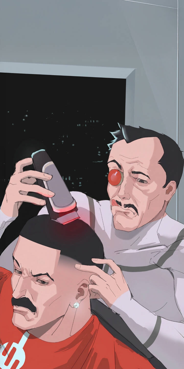 The ominous red-eyed barber, wielding a glowing futuristic clipper, gives a stoic Omni-Man a fresh fade in this unique 4K wallpaper. This dynamic scene makes an excellent Invincible-themed wallpaper for iPhone users looking for something distinctive. | superhero barber haircut iphone wallpaper futuristic invincible mobile comic art 4k wallpaper hd wallpaper omni-man The ominous red-eyed barber, wielding a glowing futuristic clipper, gives a stoic Omni-Man a fresh fade in this unique 4K wallpaper. This dynamic scene makes an excellent Invincible-themed wallpaper for iPhone users looking for something distinctive.