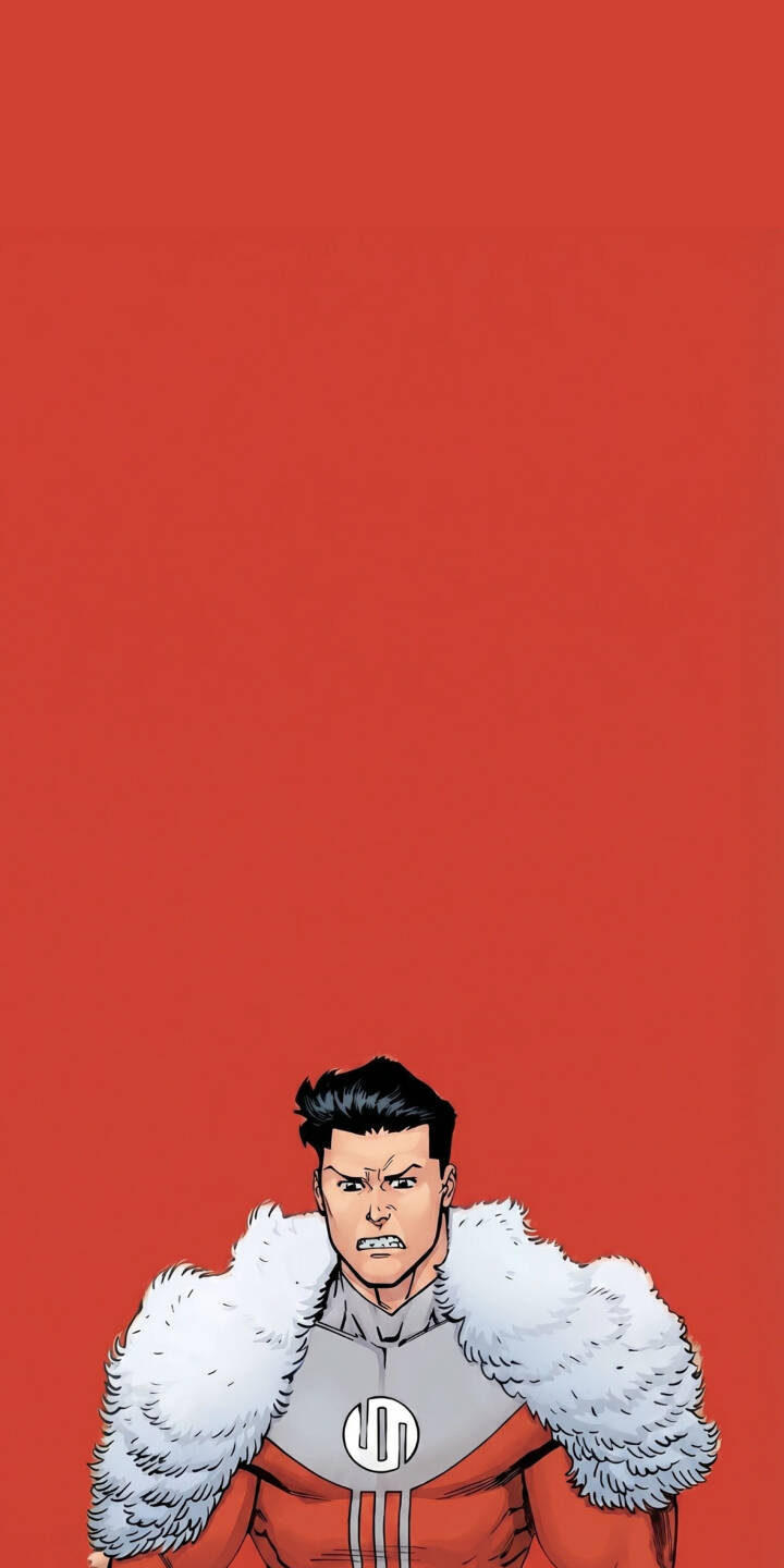 Invincible glares intensely with clenched teeth, sporting his iconic red suit and striking white fur-collared cape against a minimalist red backdrop in this compelling 4K wallpaper. This perfect superhero wallpaper for iPhone captures Mark Grayson's determined, furious energy. | superhero iphone angry wallpaper invincible mobile comic art 4k wallpaper hd wallpaper red aesthetic viltrumite mark grayson Invincible glares intensely with clenched teeth, sporting his iconic red suit and striking white fur-collared cape against a minimalist red backdrop in this compelling 4K wallpaper. This perfect superhero wallpaper for iPhone captures Mark Grayson's determined, furious energy.