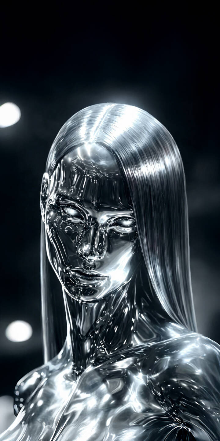 The gleaming, reflective silver skin of this futuristic android figure shines brilliantly, her piercing white eyes glowing against a dark background in this stunning 4K wallpaper. This captivating design is a must-have wallpaper for your iPhone. | iphone wallpaper futuristic mobile digital art cyborg 4k wallpaper hd wallpaper sci-fi chrome android silver robot metallic woman The gleaming, reflective silver skin of this futuristic android figure shines brilliantly, her piercing white eyes glowing against a dark background in this stunning 4K wallpaper. This captivating design is a must-have wallpaper for your iPhone.