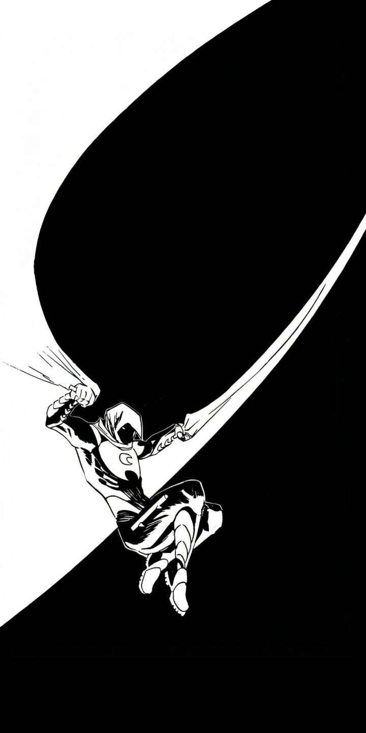 The dramatic black and white contrast perfectly frames Moon Knight in a dynamic mid-air leap, his iconic cape dramatically billowing around him in this striking 4K wallpaper. This powerful superhero wallpaper is a must-have for any iPhone showcasing the vigilante's grim resolve. | aesthetic superhero marvel iphone wallpaper black and white moon knight mobile comic art 4k wallpaper hd wallpaper vigilante The dramatic black and white contrast perfectly frames Moon Knight in a dynamic mid-air leap, his iconic cape dramatically billowing around him in this striking 4K wallpaper. This powerful superhero wallpaper is a must-have for any iPhone showcasing the vigilante's grim resolve.