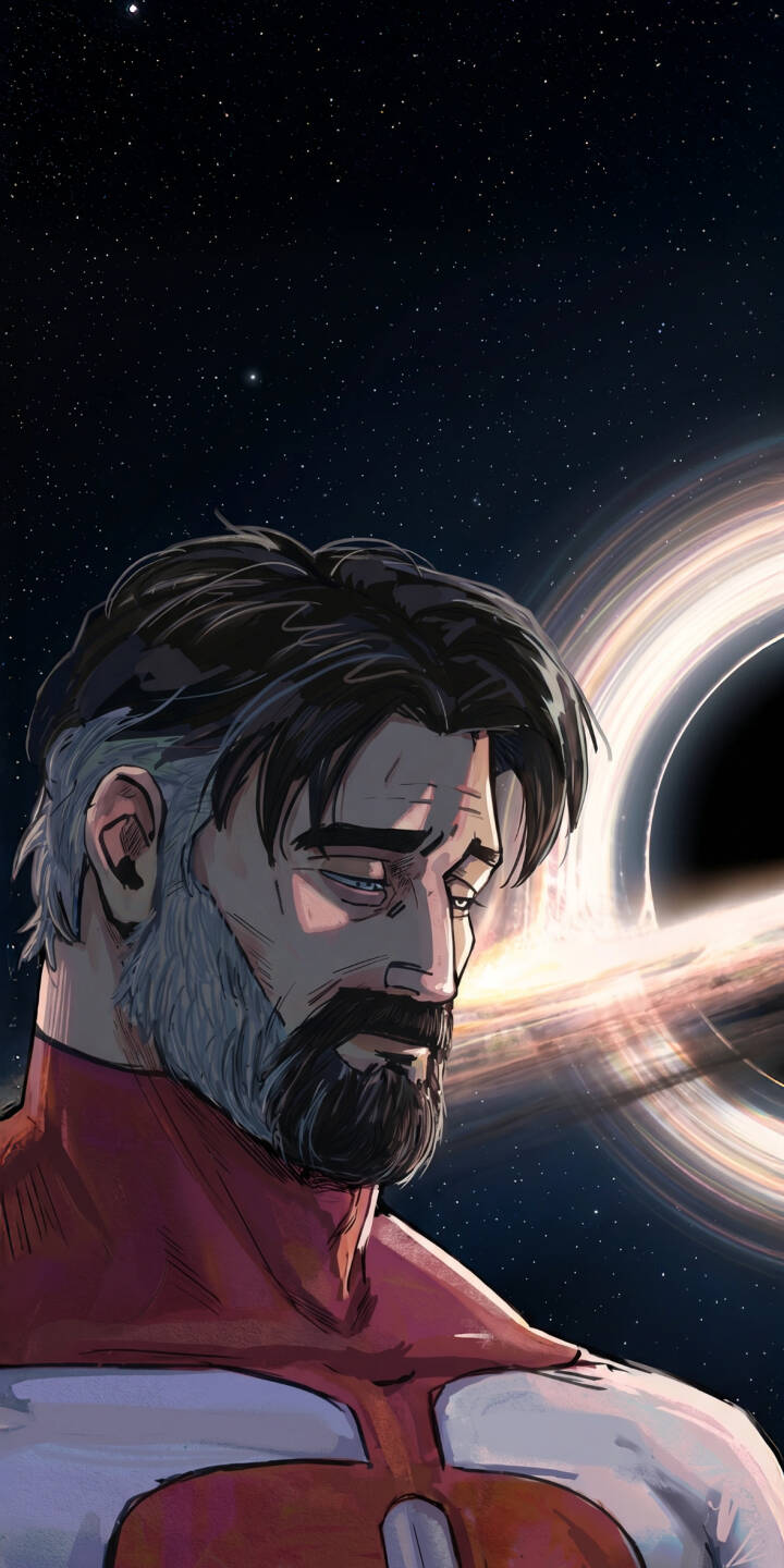 Omni-Man's somber, bowed head and graying beard hint at profound regret, set against a stunning cosmic backdrop featuring a mesmerizing black hole and its luminous accretion disk. This impactful 4K Omni-Man wallpaper is a powerful statement for any iPhone, perfect for fans of the series. | space iphone wallpaper sad invincible mobile black hole 4k wallpaper hd wallpaper cosmic omni-man nolan grayson Omni-Man's somber, bowed head and graying beard hint at profound regret, set against a stunning cosmic backdrop featuring a mesmerizing black hole and its luminous accretion disk. This impactful 4K Omni-Man wallpaper is a powerful statement for any iPhone, perfect for fans of the series.