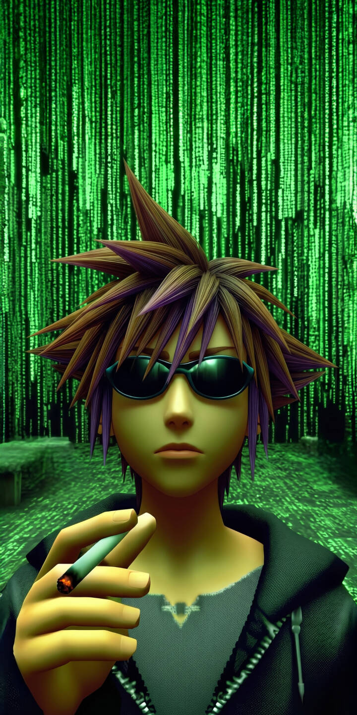 Glowing green digital code rains down behind Sora, who sports cool shades and a lit cigarette in this striking 4K wallpaper — an edgy mobile wallpaper perfect for iPhone. | sunglasses iphone cyberpunk matrix wallpaper mobile digital art neo 4k wallpaper hd wallpaper kingdom hearts sora Glowing green digital code rains down behind Sora, who sports cool shades and a lit cigarette in this striking 4K wallpaper — an edgy mobile wallpaper perfect for iPhone.
