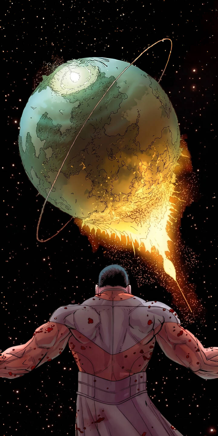 A ravaged planet erupts in a cataclysmic blaze, filling the void of space while Omni-Man, bloodied but unyielding, stands before it in this powerful 4K wallpaper. This epic scene captures the intensity of the Viltrumite's power, making it an essential dynamic wallpaper for any fan's iPhone. | space iphone wallpaper invincible mobile comic art 4k wallpaper hd wallpaper epic omni-man viltrumite planet explosion A ravaged planet erupts in a cataclysmic blaze, filling the void of space while Omni-Man, bloodied but unyielding, stands before it in this powerful 4K wallpaper. This epic scene captures the intensity of the Viltrumite's power, making it an essential dynamic wallpaper for any fan's iPhone.