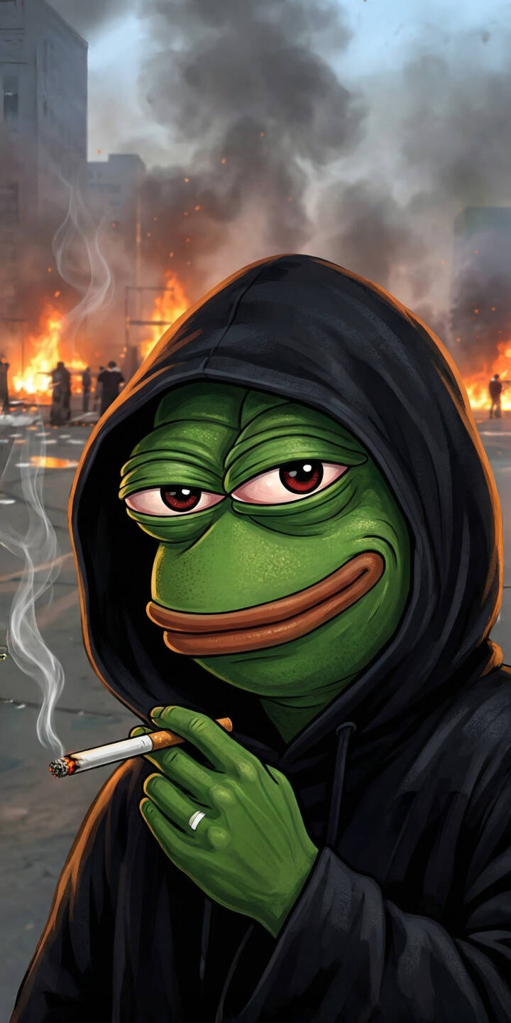 Flames and thick smoke engulf a chaotic city skyline behind Pepe the Frog, who, clad in a dark hoodie, calmly holds a lit cigarette in this striking 4K wallpaper. This rebellious wallpaper is an excellent choice for your iPhone. | meme iphone wallpaper smoking pepe mobile 4k wallpaper hd wallpaper dark aesthetic pepe the frog chaos riot Flames and thick smoke engulf a chaotic city skyline behind Pepe the Frog, who, clad in a dark hoodie, calmly holds a lit cigarette in this striking 4K wallpaper. This rebellious wallpaper is an excellent choice for your iPhone.