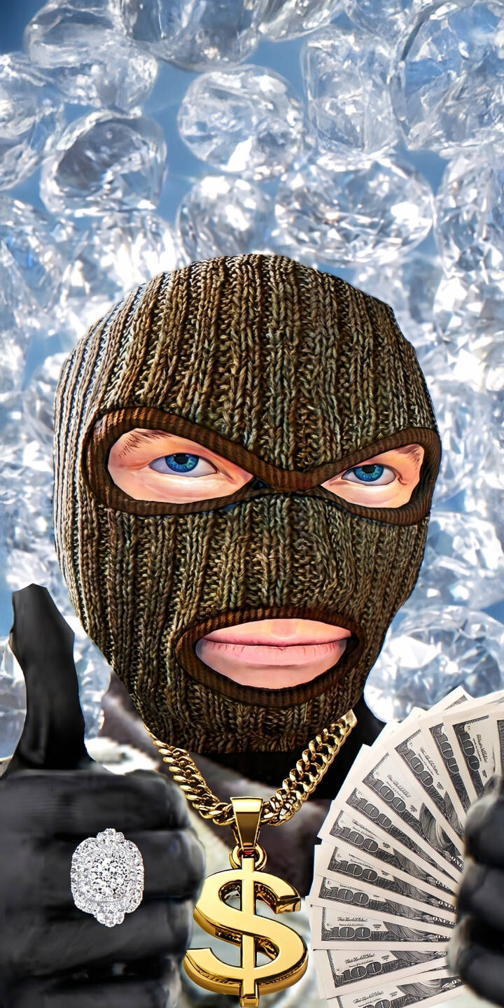 Piercing blue eyes stare out from the balaclava-clad figure, who flaunts a prominent golden dollar sign pendant and a fan of crisp hundred-dollar bills against a shimmering backdrop of countless diamonds in this lavish 4K wallpaper. It's a striking money-themed wallpaper for iPhone users seeking a bold display of opulence. | cash money iphone luxury wallpaper diamonds mobile 4k wallpaper hd wallpaper wealth bling balaclava Piercing blue eyes stare out from the balaclava-clad figure, who flaunts a prominent golden dollar sign pendant and a fan of crisp hundred-dollar bills against a shimmering backdrop of countless diamonds in this lavish 4K wallpaper. It's a striking money-themed wallpaper for iPhone users seeking a bold display of opulence.