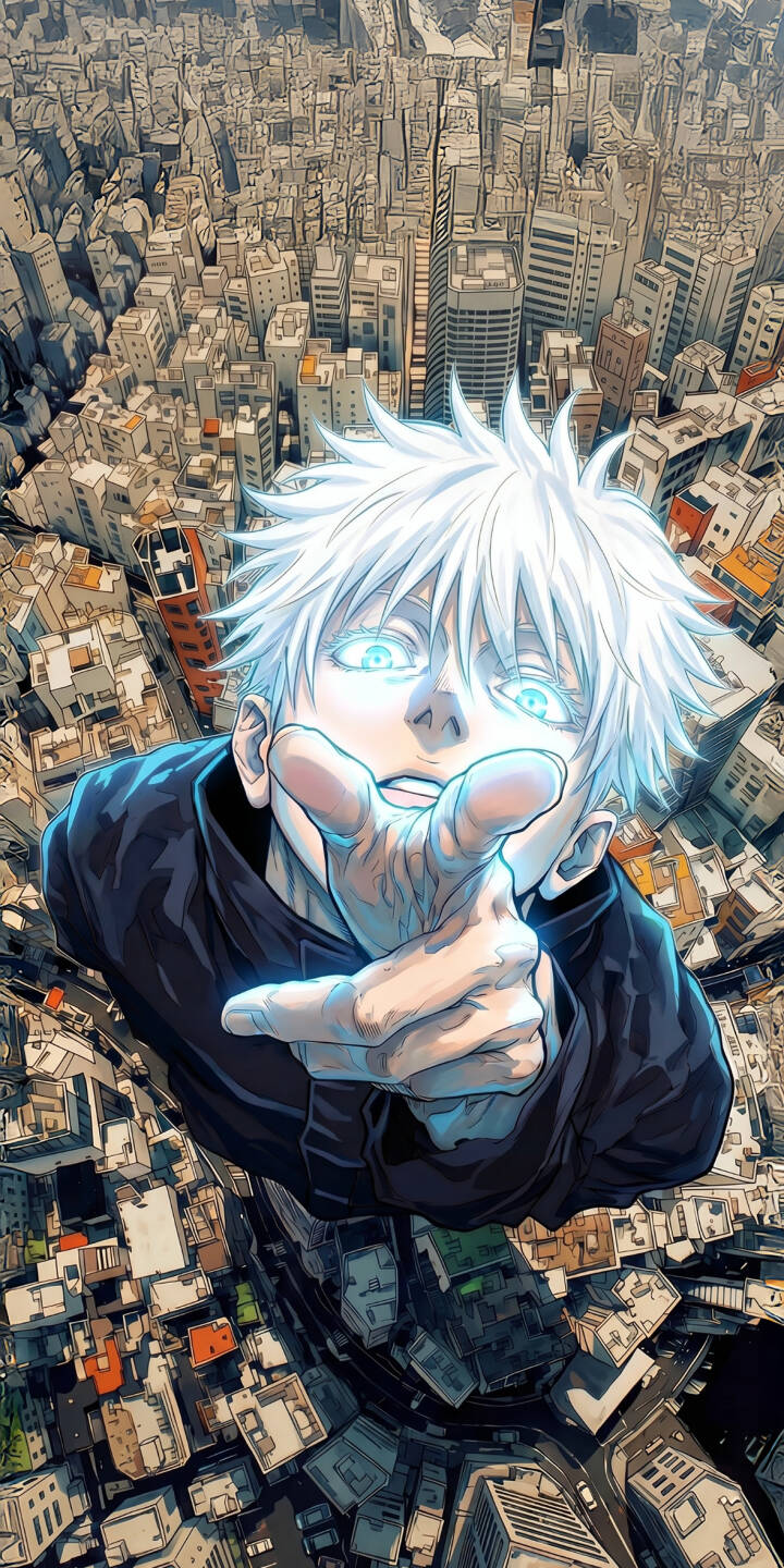 Satoru Gojo's piercing blue Six Eyes glow intensely as he points commandingly downwards, dominating a vast cityscape in this breathtaking 4K wallpaper. This dynamic anime wallpaper for iPhone perfectly captures his overwhelming presence, making it a powerful background choice. | anime iphone wallpaper gojo mobile powerful 4k wallpaper hd wallpaper jujutsu kaisen cityscape satoru gojo six eyes Satoru Gojo's piercing blue Six Eyes glow intensely as he points commandingly downwards, dominating a vast cityscape in this breathtaking 4K wallpaper. This dynamic anime wallpaper for iPhone perfectly captures his overwhelming presence, making it a powerful background choice.