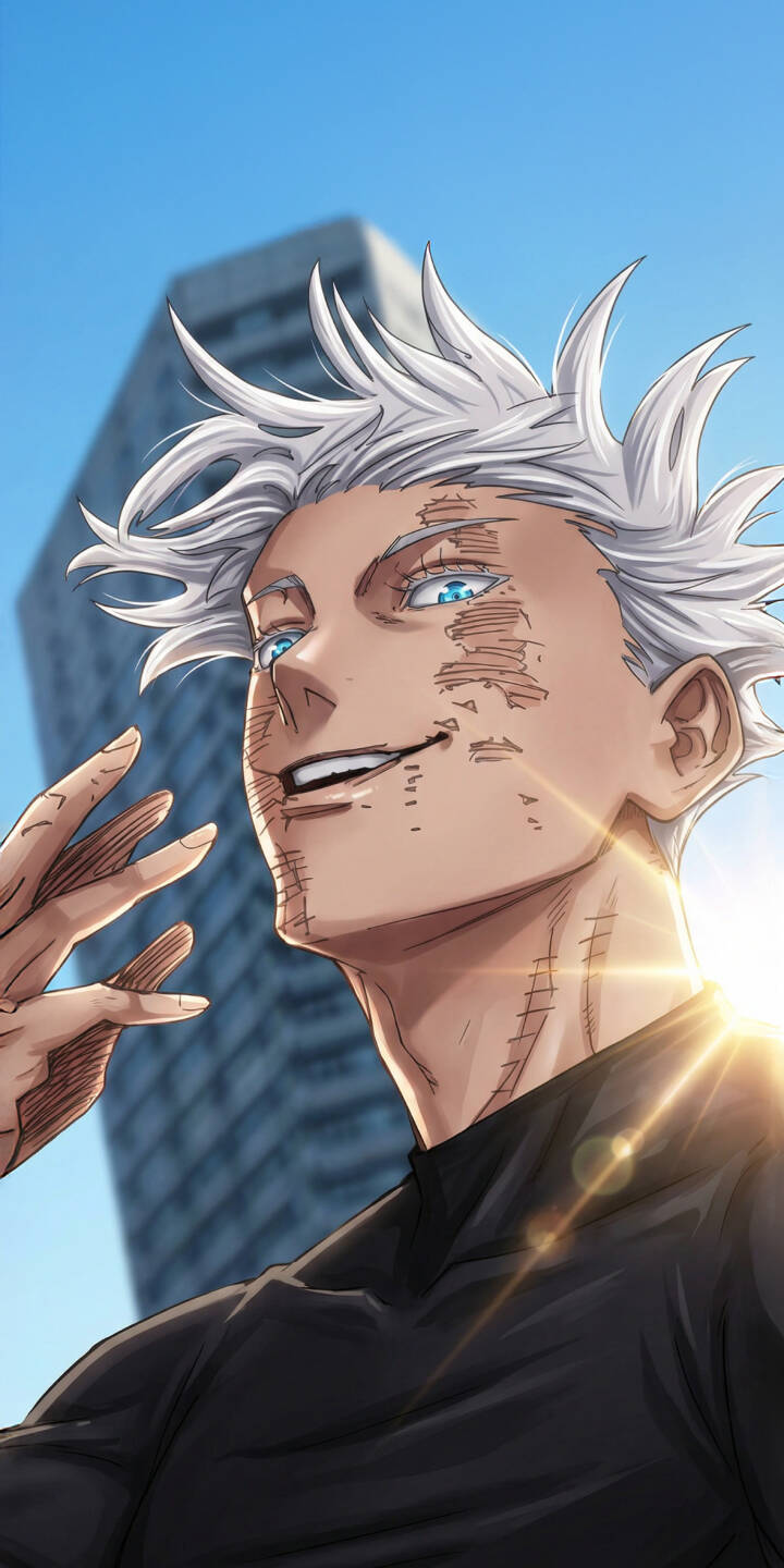 Gojo's confident smirk and striking stitched face are beautifully illuminated by a dazzling sun flare, creating a powerful 4K wallpaper perfect for your iPhone. This dynamic anime wallpaper features his iconic white hair and piercing blue eyes against a modern city backdrop. | aesthetic anime iphone wallpaper satoru gojo mobile 4k wallpaper hd wallpaper gojo satoru jujutsu kaisen jjk Gojo's confident smirk and striking stitched face are beautifully illuminated by a dazzling sun flare, creating a powerful 4K wallpaper perfect for your iPhone. This dynamic anime wallpaper features his iconic white hair and piercing blue eyes against a modern city backdrop.