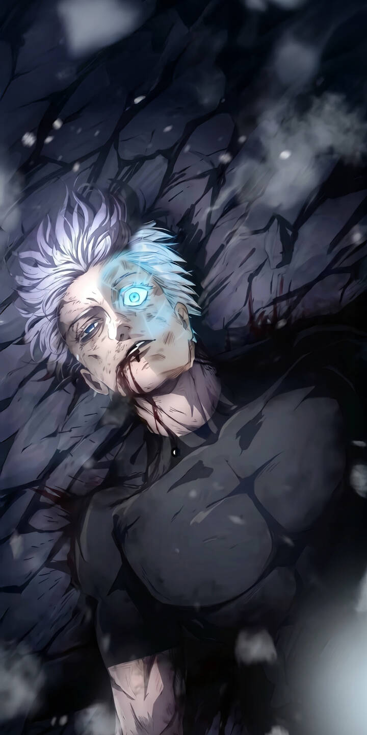 A haunting blue glow emanates from Satoru Gojo's eye as blood stains his face and shirt in this intense 4K wallpaper, a powerful and dramatic wallpaper for iPhone screens. | anime iphone wallpaper gojo mobile 4k wallpaper hd wallpaper dark aesthetic tragic jujutsu kaisen satoru gojo six eyes A haunting blue glow emanates from Satoru Gojo's eye as blood stains his face and shirt in this intense 4K wallpaper, a powerful and dramatic wallpaper for iPhone screens.