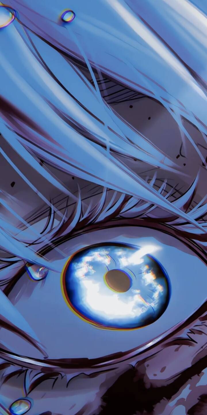 The intense blue of Gojo Satoru's Six Eyes shines with an ethereal cloud-like glow in this captivating 4K wallpaper, featuring delicate water droplets on his pale blue hair – an essential wallpaper for iPhone. | anime iphone wallpaper gojo mobile 4k wallpaper hd wallpaper blue eye ethereal gojo satoru jujutsu kaisen six eyes The intense blue of Gojo Satoru's Six Eyes shines with an ethereal cloud-like glow in this captivating 4K wallpaper, featuring delicate water droplets on his pale blue hair – an essential wallpaper for iPhone.