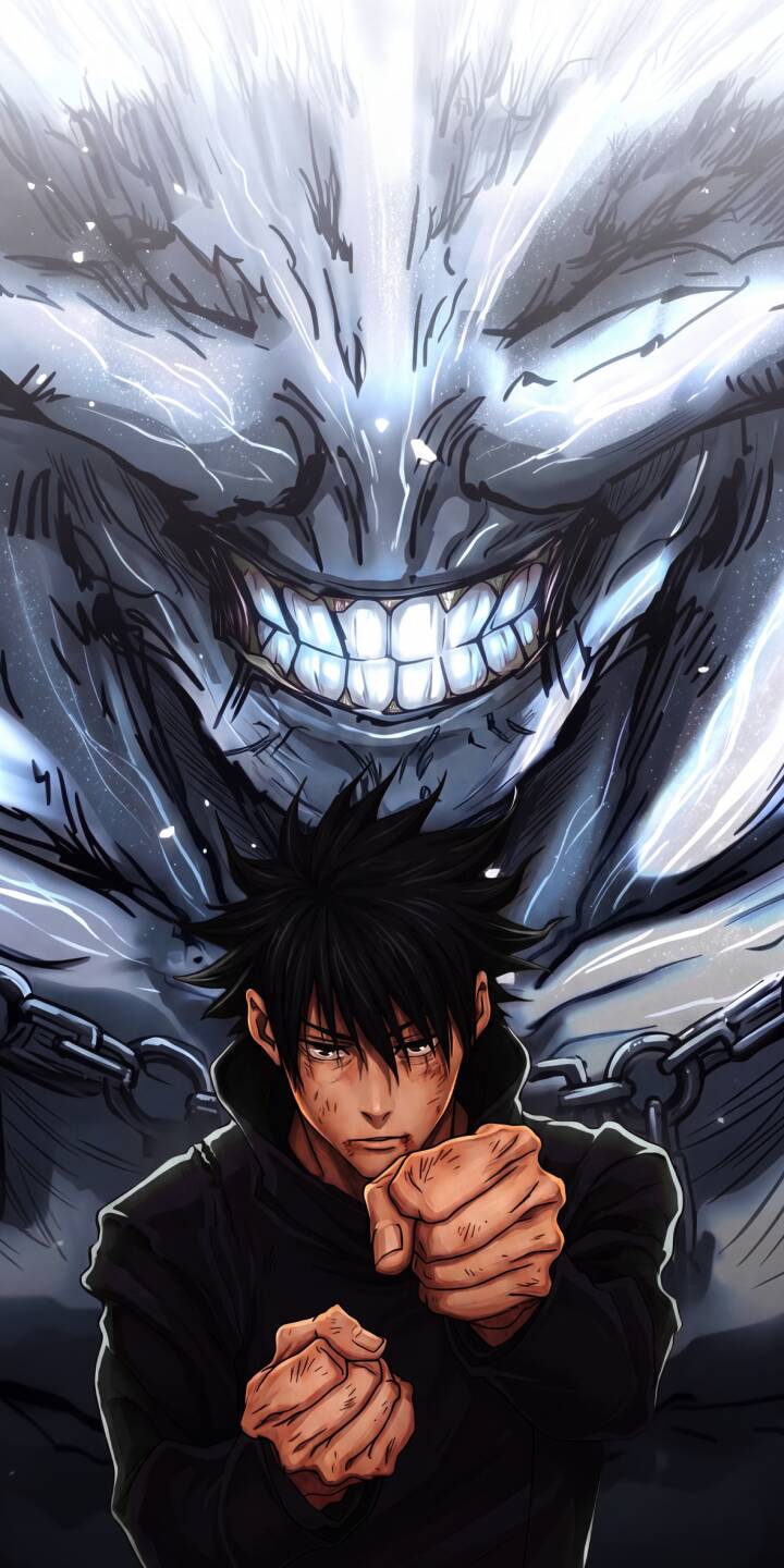 Behind a determined Megumi Fushiguro in a fighting stance, the colossal, chained Cursed Spirit Mahoraga looms with glowing teeth in this intense 4K wallpaper. This dynamic artwork is a striking wallpaper for iPhone users looking for epic Jujutsu Kaisen visuals. | dark anime manga iphone wallpaper mobile mahoraga 4k wallpaper hd wallpaper epic jujutsu kaisen megumi fushiguro Behind a determined Megumi Fushiguro in a fighting stance, the colossal, chained Cursed Spirit Mahoraga looms with glowing teeth in this intense 4K wallpaper. This dynamic artwork is a striking wallpaper for iPhone users looking for epic Jujutsu Kaisen visuals.