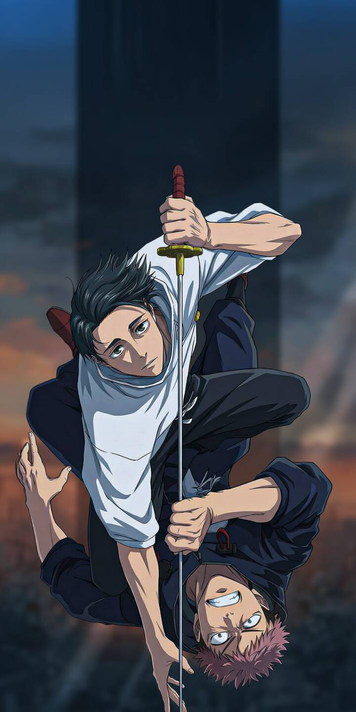 Yuji Itadori's manic grin and upside-down pose create a powerful contrast with Yuta Okkotsu's focused stare, expertly captured in this stunning 4K wallpaper featuring a dynamic duel against a blurred city backdrop - an intense wallpaper for any iPhone. This dual character artwork brings the action of Jujutsu Kaisen directly to your mobile screen. | sword anime manga iphone dynamic wallpaper mobile 4k wallpaper hd wallpaper jujutsu kaisen yuji itadori yuta okkotsu Yuji Itadori's manic grin and upside-down pose create a powerful contrast with Yuta Okkotsu's focused stare, expertly captured in this stunning 4K wallpaper featuring a dynamic duel against a blurred city backdrop - an intense wallpaper for any iPhone. This dual character artwork brings the action of Jujutsu Kaisen directly to your mobile screen.