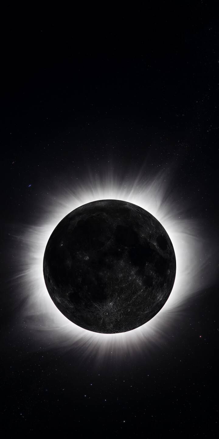 A brilliant white corona radiates intensely around the stark black disc of the moon, set against a dark, starry cosmos in this stunning 4K wallpaper. This captivating astronomical event is a must-have wallpaper for iPhone, perfect for space and nature enthusiasts. | dark moon space iphone wallpaper mobile 4k wallpaper hd wallpaper astronomy celestial solar eclipse corona A brilliant white corona radiates intensely around the stark black disc of the moon, set against a dark, starry cosmos in this stunning 4K wallpaper. This captivating astronomical event is a must-have wallpaper for iPhone, perfect for space and nature enthusiasts.