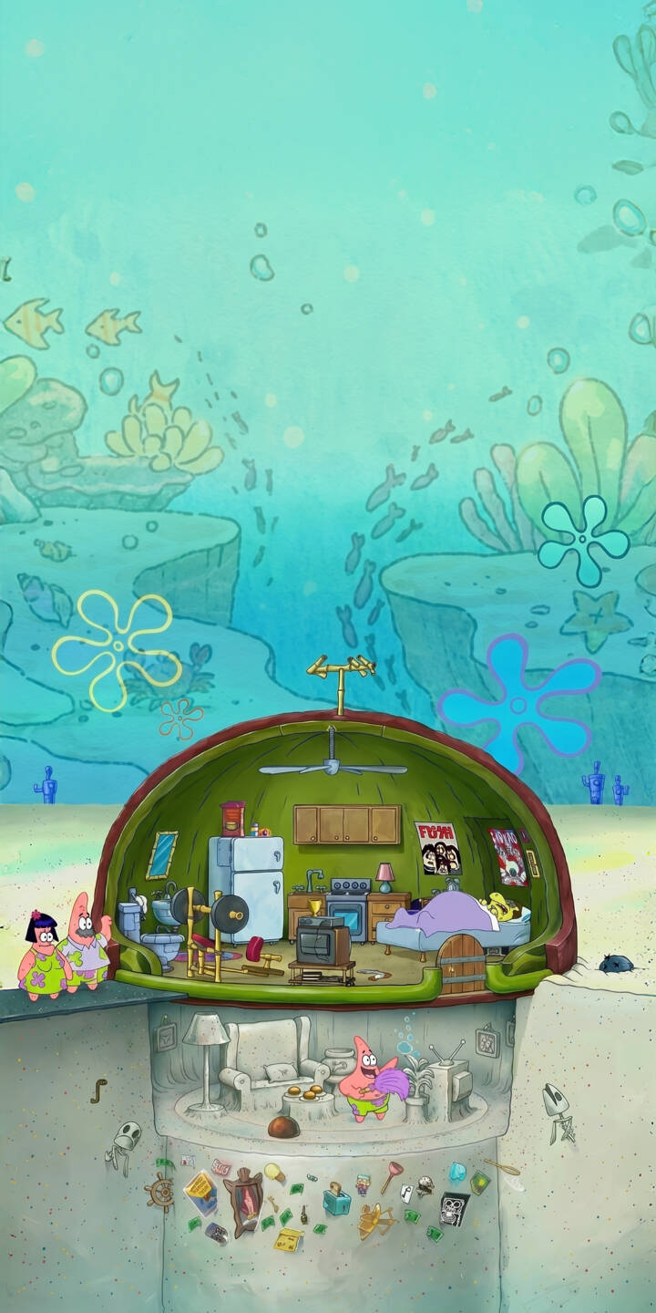 A unique cross-section reveals Patrick Star's messy rock house, showing him relaxing in his cluttered underground lair amidst vibrant coral, making for an ideal 4K wallpaper for your iPhone. | cartoon funny underwater house bikini bottom iphone wallpaper patrick star mobile spongebob squarepants 4k wallpaper hd wallpaper A unique cross-section reveals Patrick Star's messy rock house, showing him relaxing in his cluttered underground lair amidst vibrant coral, making for an ideal 4K wallpaper for your iPhone.