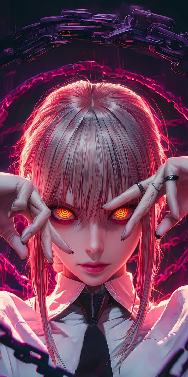 Makima's hypnotic, fiery orange eyes with their swirling concentric patterns dominate this stunning 4K wallpaper, framed by her delicate fingers and surrounded by ominous red chains, making it a powerful wallpaper for iPhone. | anime iphone wallpaper mobile 4k wallpaper hd wallpaper dark aesthetic glowing eyes chainsaw man makima control devil pink chains Makima's hypnotic, fiery orange eyes with their swirling concentric patterns dominate this stunning 4K wallpaper, framed by her delicate fingers and surrounded by ominous red chains, making it a powerful wallpaper for iPhone.