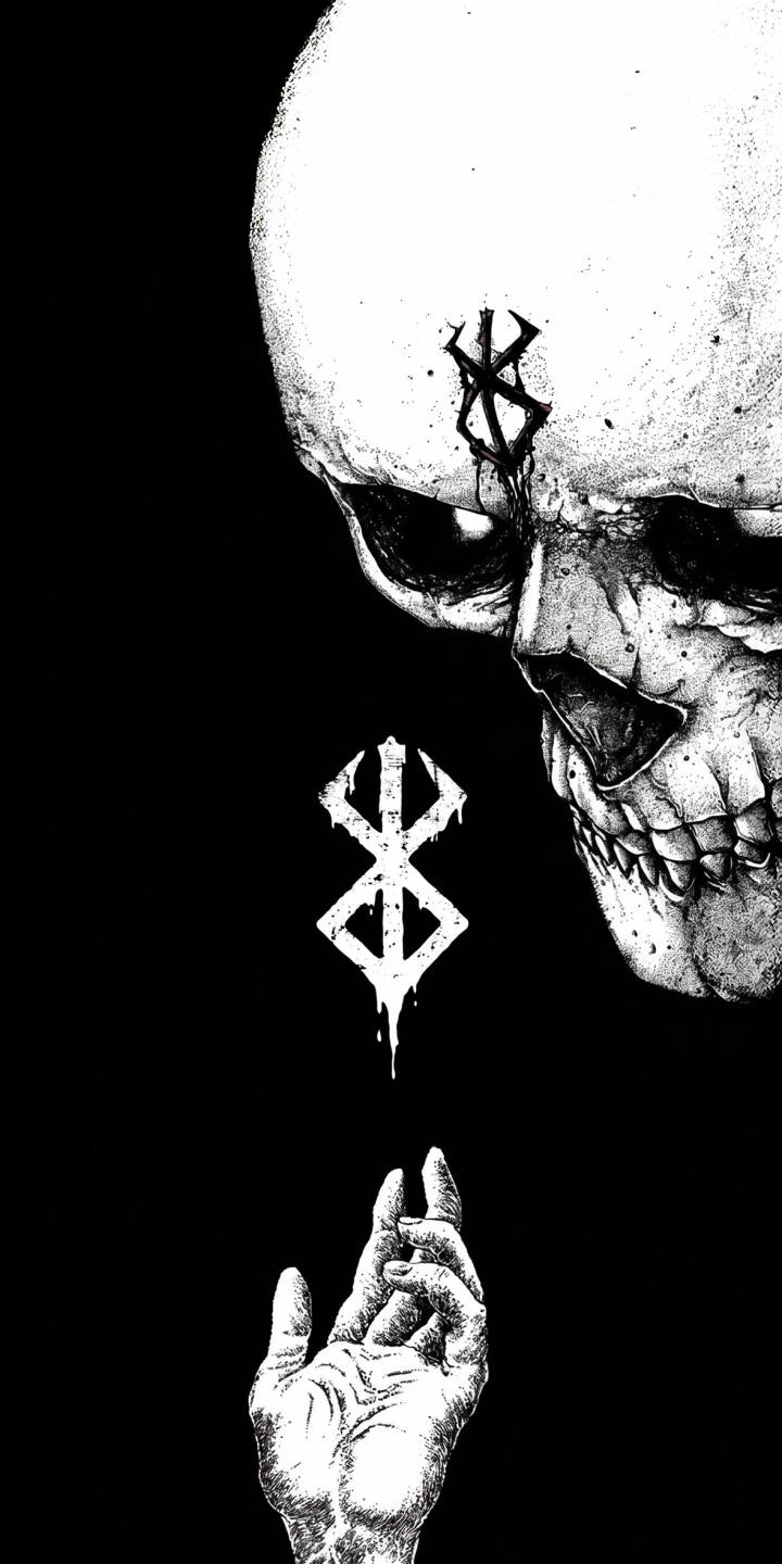 The stark white skull with the Brand of Sacrifice emblazoned on its forehead dominates this haunting 4K wallpaper. A detailed hand reaches towards the central dripping Berserk symbol, making it a compelling dark fantasy wallpaper for iPhone. | manga gothic skull iphone wallpaper guts berserk mobile 4k wallpaper hd wallpaper brand of sacrifice dark fantasy The stark white skull with the Brand of Sacrifice emblazoned on its forehead dominates this haunting 4K wallpaper. A detailed hand reaches towards the central dripping Berserk symbol, making it a compelling dark fantasy wallpaper for iPhone.