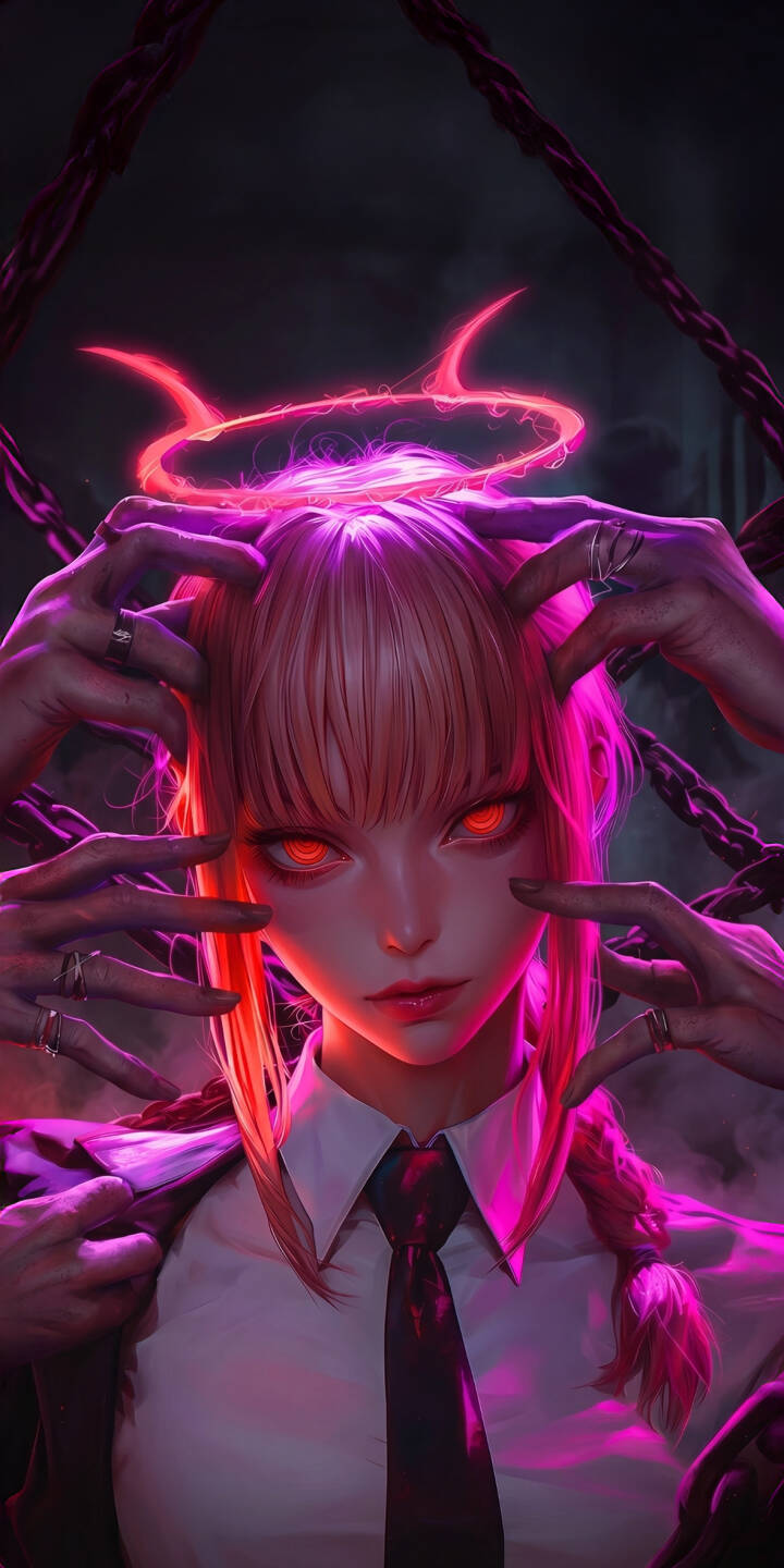 Multiple shadowy hands frame Makima's face, highlighting her intense crimson eyes and glowing pink demon halo in this compelling 4K wallpaper, perfect for any iPhone device. | neon anime iphone wallpaper red eyes mobile 4k wallpaper hd wallpaper dark aesthetic chainsaw man makima control devil Multiple shadowy hands frame Makima's face, highlighting her intense crimson eyes and glowing pink demon halo in this compelling 4K wallpaper, perfect for any iPhone device.