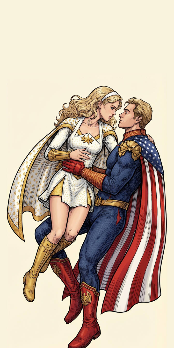 Homelander and Starlight share an intense, romantic gaze in this beautifully illustrated comic-style 4K wallpaper, featuring their iconic costumes. This must-have wallpaper for iPhone captures a complex embrace from 'The Boys' universe. | couple the boys superhero homelander iphone wallpaper mobile romantic comic art 4k wallpaper hd wallpaper starlight Homelander and Starlight share an intense, romantic gaze in this beautifully illustrated comic-style 4K wallpaper, featuring their iconic costumes. This must-have wallpaper for iPhone captures a complex embrace from 'The Boys' universe.