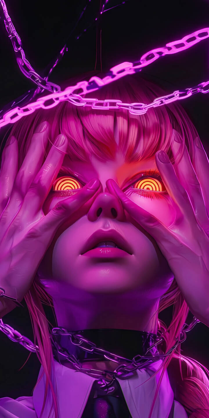 Intense, glowing target-like eyes pierce through hands in this mesmerizing 4K wallpaper, enveloped by a vibrant pink neon glow and intricate chains — a stunning wallpaper for your iPhone. | pink aesthetic neon iphone wallpaper chains mobile 4k wallpaper hd wallpaper glowing eyes pink hair girl cyberpunk girl Intense, glowing target-like eyes pierce through hands in this mesmerizing 4K wallpaper, enveloped by a vibrant pink neon glow and intricate chains — a stunning wallpaper for your iPhone.
