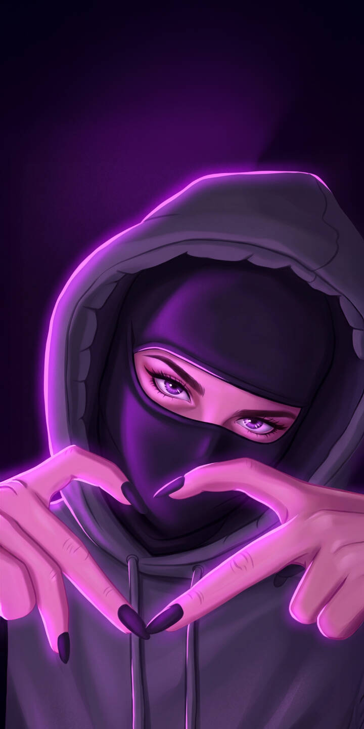 Vibrant purple light frames the silhouette of a masked girl, her glowing eyes and heart-shaped hands creating a captivating display in this stunning 4K wallpaper; a perfect aesthetic wallpaper for your iPhone. | aesthetic neon iphone wallpaper heart hands mobile digital art 4k wallpaper hd wallpaper purple glow balaclava masked girl Vibrant purple light frames the silhouette of a masked girl, her glowing eyes and heart-shaped hands creating a captivating display in this stunning 4K wallpaper; a perfect aesthetic wallpaper for your iPhone.