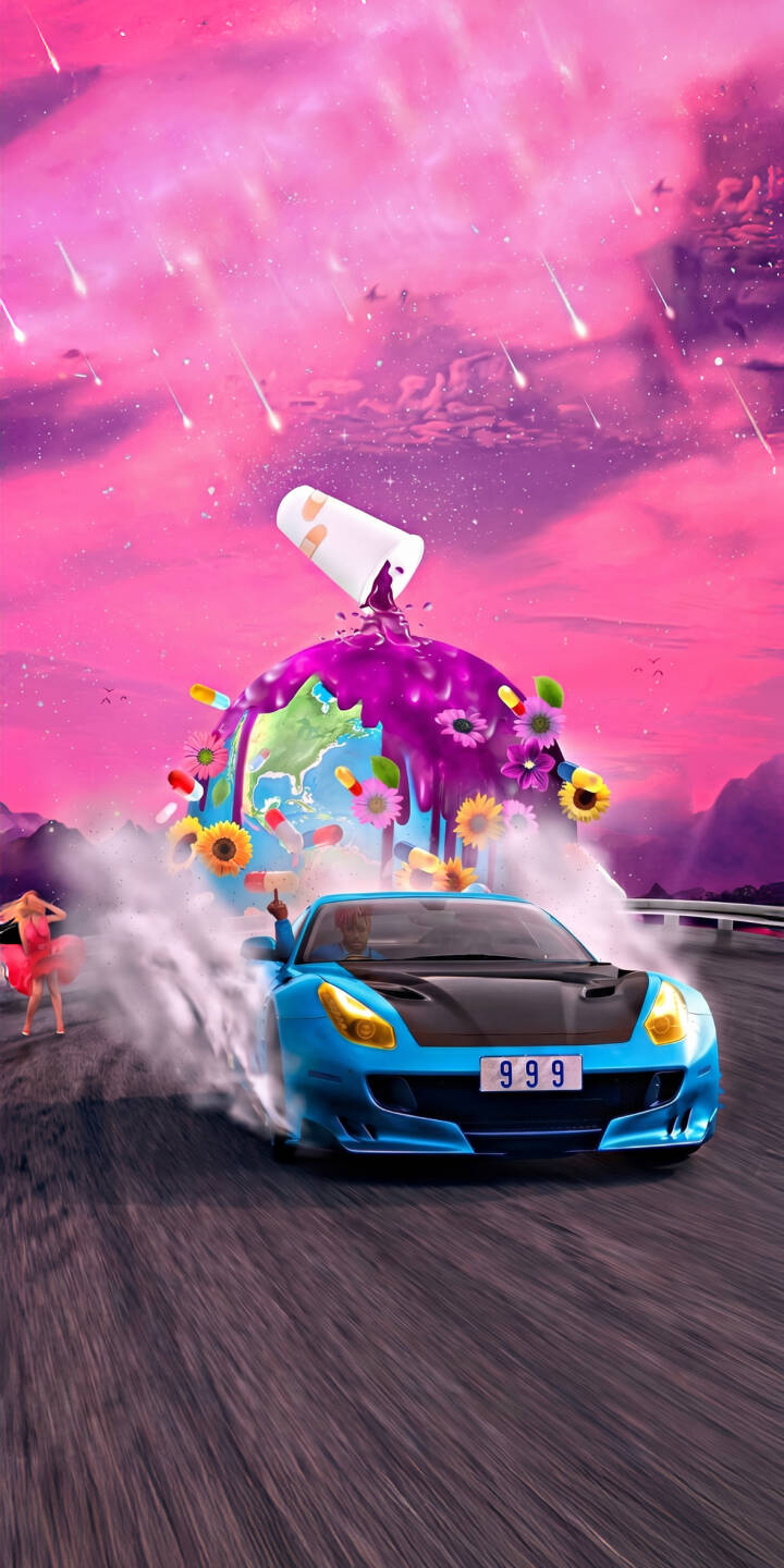 The sky bursts with shades of vibrant pink and purple, highlighted by shimmering meteors, as a blue sports car drifts beneath a globe adorned with flowers and a flowing purple drip. This dynamic 4K fantasy wallpaper, reminiscent of Juice WRLD's aesthetic, is an exhilarating wallpaper choice for iPhone. | pink rap aesthetic purple iphone fantasy wallpaper juice wrld mobile 999 4k wallpaper hd wallpaper The sky bursts with shades of vibrant pink and purple, highlighted by shimmering meteors, as a blue sports car drifts beneath a globe adorned with flowers and a flowing purple drip. This dynamic 4K fantasy wallpaper, reminiscent of Juice WRLD's aesthetic, is an exhilarating wallpaper choice for iPhone.