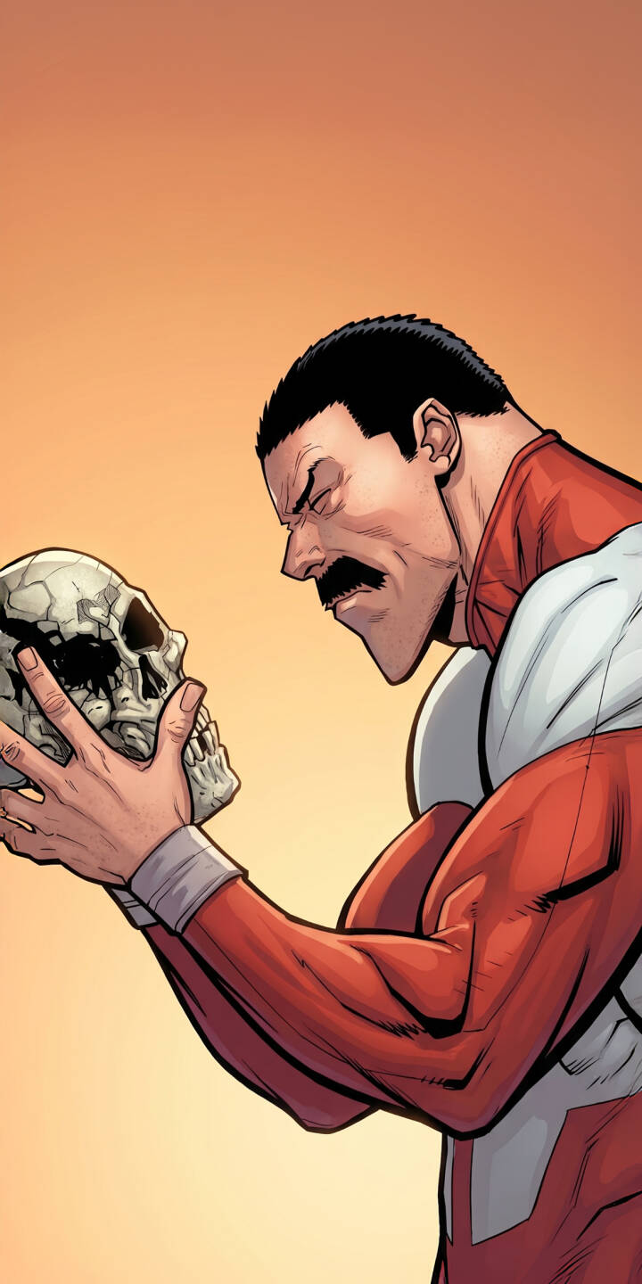 A deep contemplation crosses Omni-Man's face as he gently holds a stark, cracked skull with dark, empty eye sockets in this dramatic 4K wallpaper. This profound Invincible art piece makes an impactful wallpaper for your iPhone. | skull iphone wallpaper invincible mobile comic art 4k wallpaper hd wallpaper dramatic omni-man viltrumite contemplation A deep contemplation crosses Omni-Man's face as he gently holds a stark, cracked skull with dark, empty eye sockets in this dramatic 4K wallpaper. This profound Invincible art piece makes an impactful wallpaper for your iPhone.