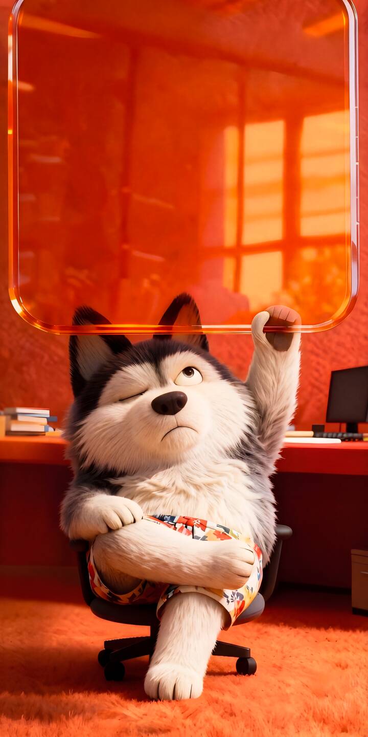 Ash the Siberian Husky offers a playful wink while casually holding a translucent orange screen, sporting vibrant floral shorts in this captivating 4K wallpaper. This delightful scene creates a charming mobile wallpaper perfect for iPhone screens and fans of the 'Sing' universe. | cartoon animated iphone ash wallpaper husky mobile 4k wallpaper hd wallpaper orange aesthetic sing 2 playful Ash the Siberian Husky offers a playful wink while casually holding a translucent orange screen, sporting vibrant floral shorts in this captivating 4K wallpaper. This delightful scene creates a charming mobile wallpaper perfect for iPhone screens and fans of the 'Sing' universe.
