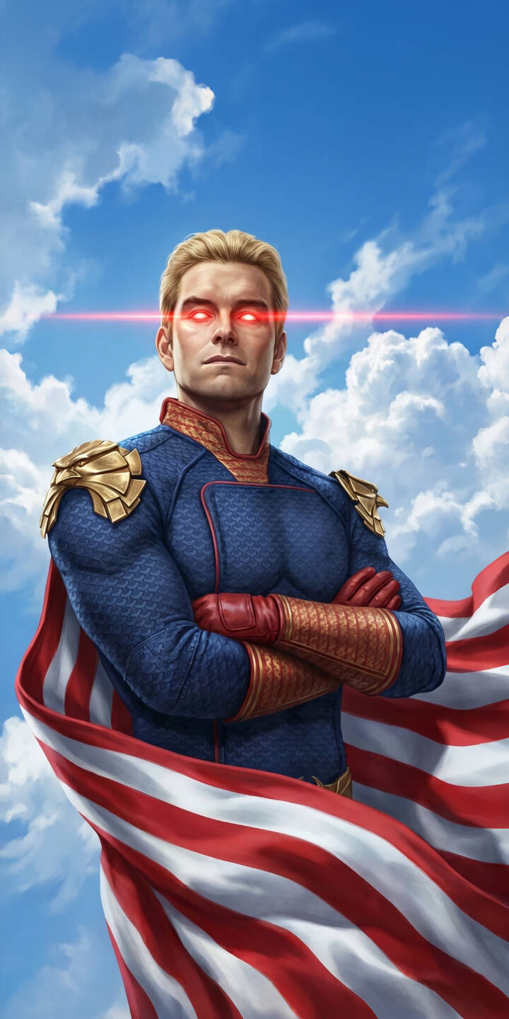 Crimson laser eyes glow intensely as Homelander stands defiantly with his arms crossed against a brilliant blue sky in this striking 4K wallpaper for iPhone, a formidable wallpaper for fans of The Boys. | the boys superhero homelander iphone wallpaper tv series mobile 4k wallpaper hd wallpaper antihero laser eyes Crimson laser eyes glow intensely as Homelander stands defiantly with his arms crossed against a brilliant blue sky in this striking 4K wallpaper for iPhone, a formidable wallpaper for fans of The Boys.