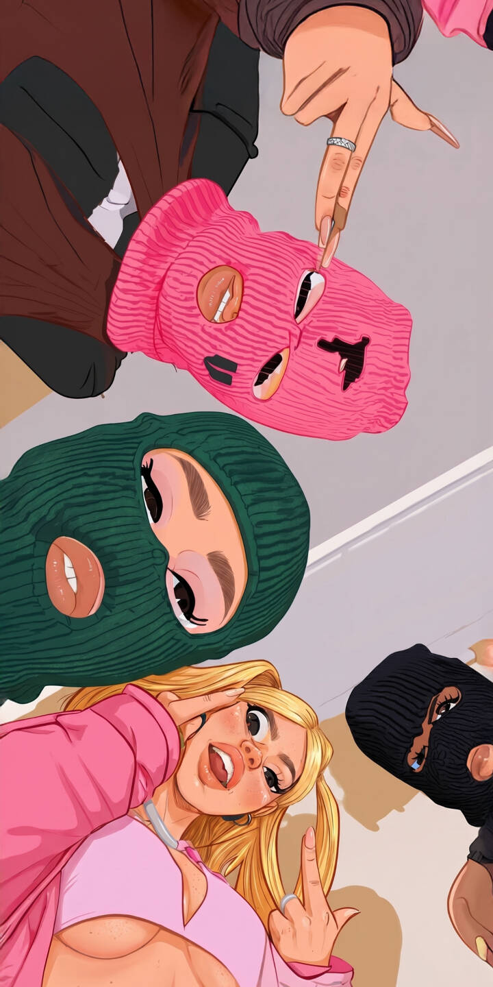 Bright pink and green ski masks cover three figures, contrasting with the blonde, unmasked girl boldly giving the middle finger and a peace sign in this vibrant 4K wallpaper. This rebellious street-style artwork makes an audacious iPhone wallpaper, perfect for those seeking a bold aesthetic. | pink aesthetic iphone wallpaper mobile 4k wallpaper hd wallpaper ski mask streetwear rebellious balaclava girls gangsta art Bright pink and green ski masks cover three figures, contrasting with the blonde, unmasked girl boldly giving the middle finger and a peace sign in this vibrant 4K wallpaper. This rebellious street-style artwork makes an audacious iPhone wallpaper, perfect for those seeking a bold aesthetic.
